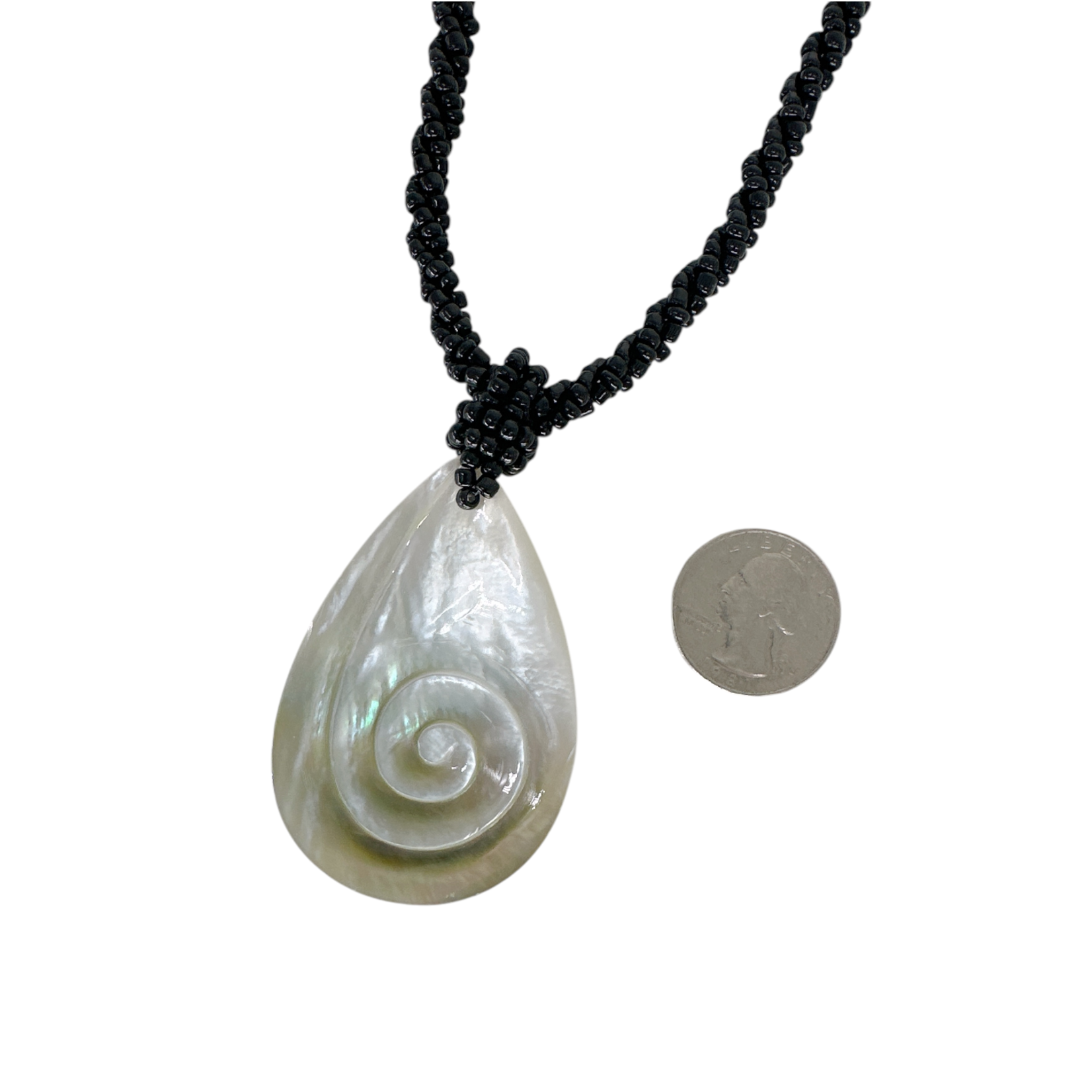 Shell Necklace Carved Teardrop Swirl Design with Black Beads - NB2