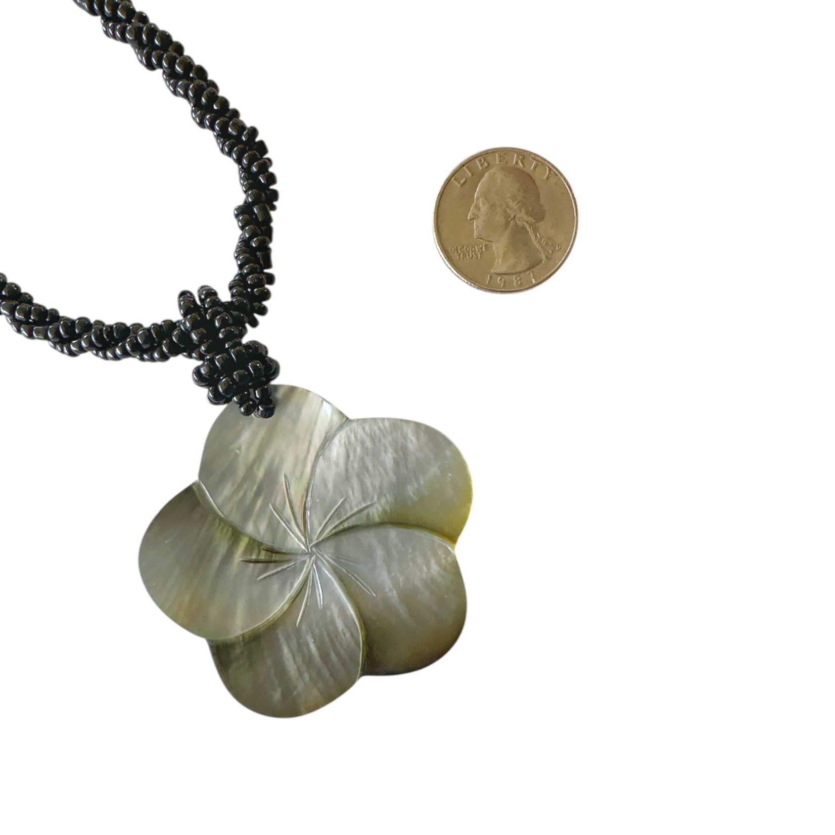 NB1 Island Shell Necklace Carved Flower with Black Beads