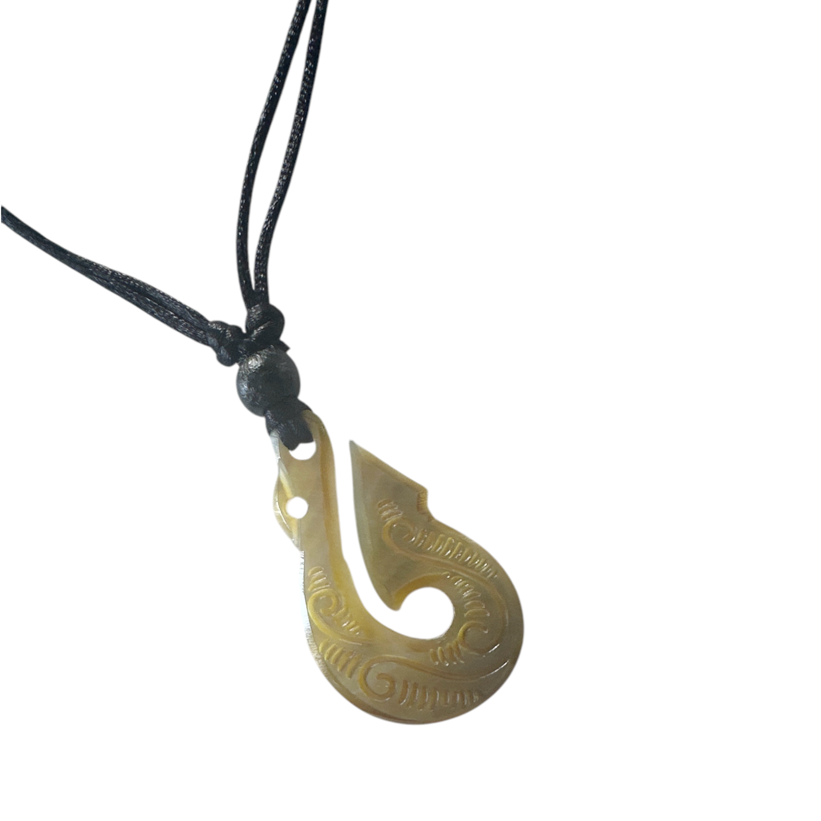 Carved Caping Shell Hook Necklace on Black Adjustable Cord N202