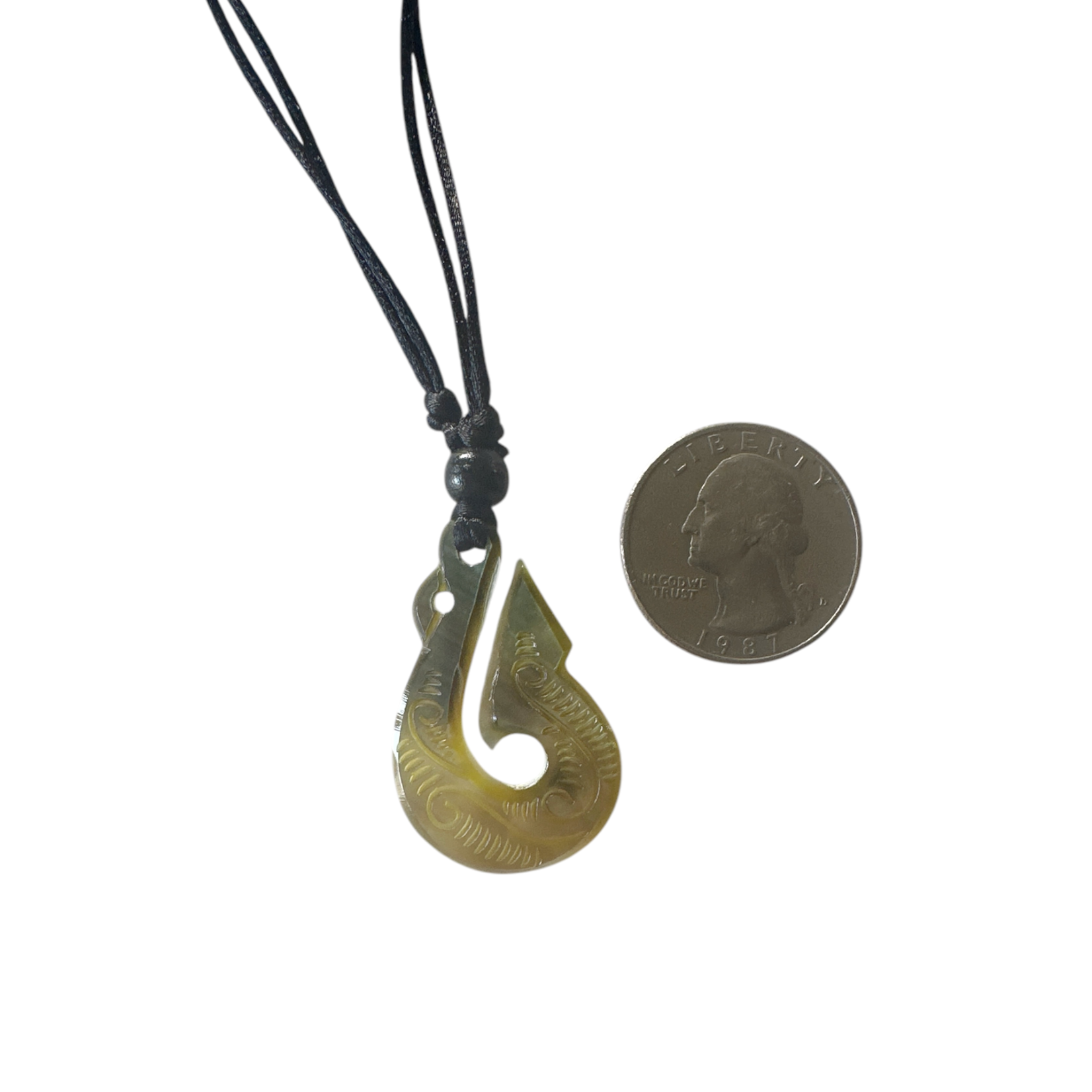 Carved Caping Shell Hook Necklace on Black Adjustable Cord N202