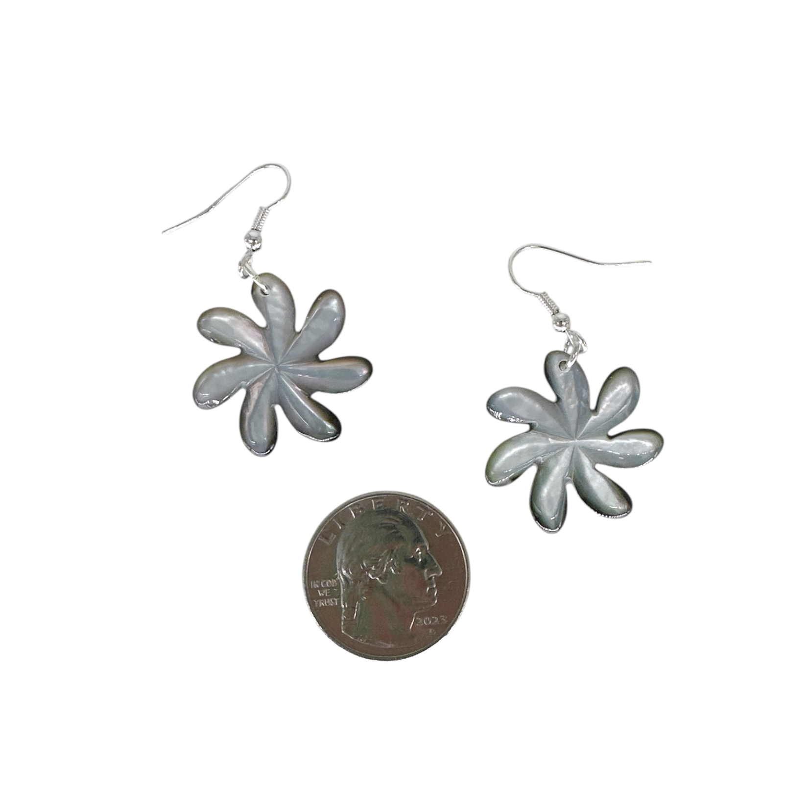 EB16 Island Shell Earrings Carved Grey Shell Small Flower