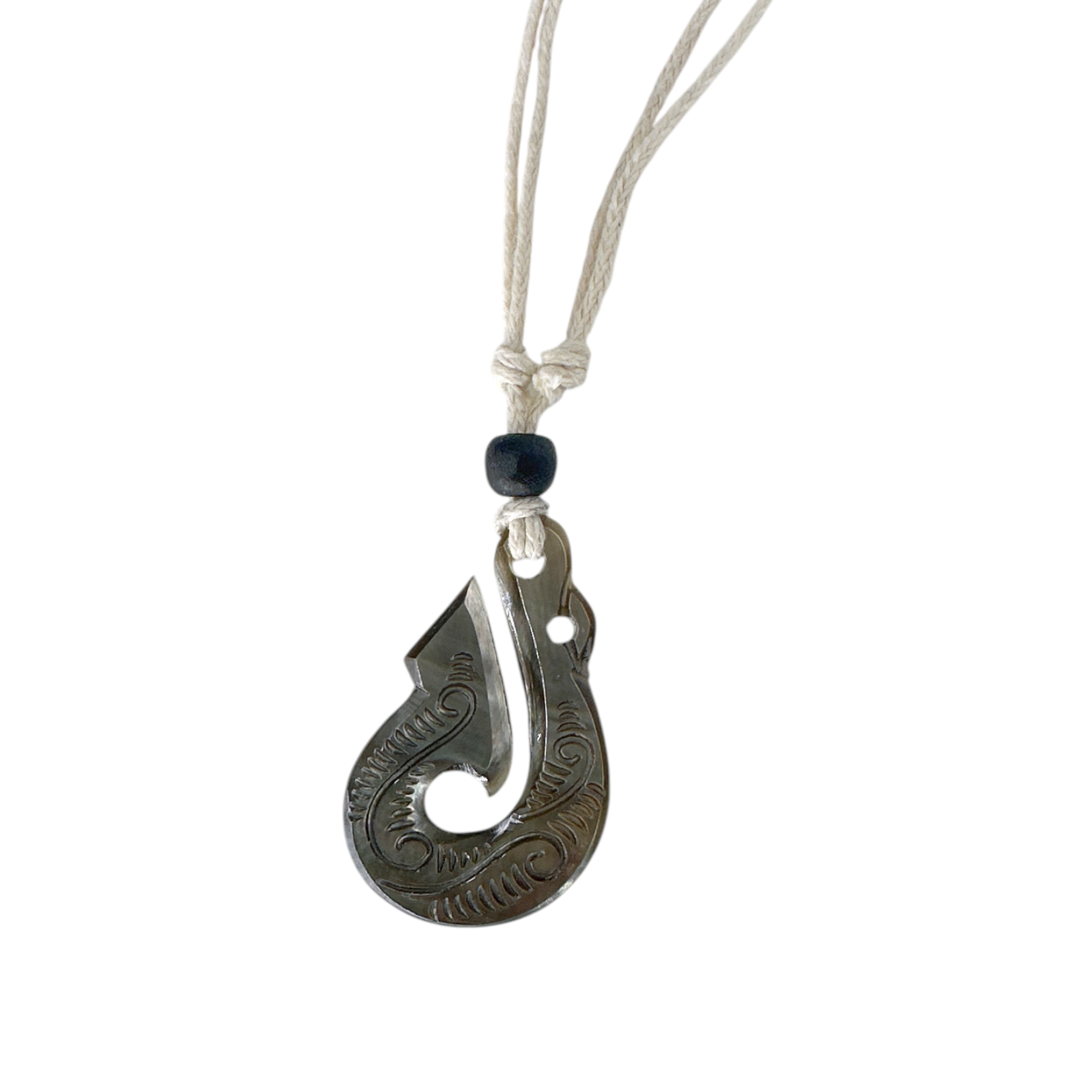 Carved Caping Shell Hook Necklace on Tan Adjustable Cord N201