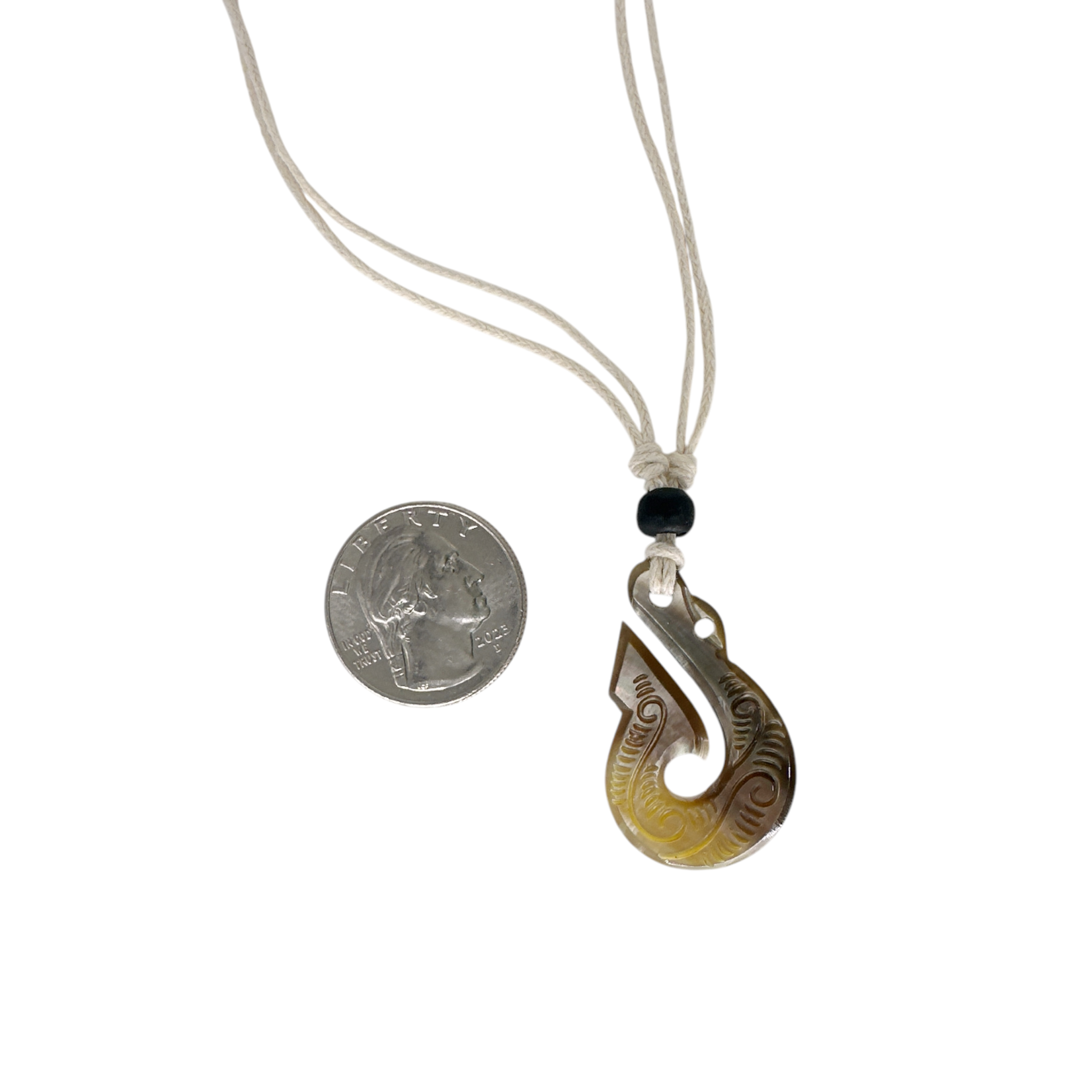 Carved Caping Shell Hook Necklace on Tan Adjustable Cord N201