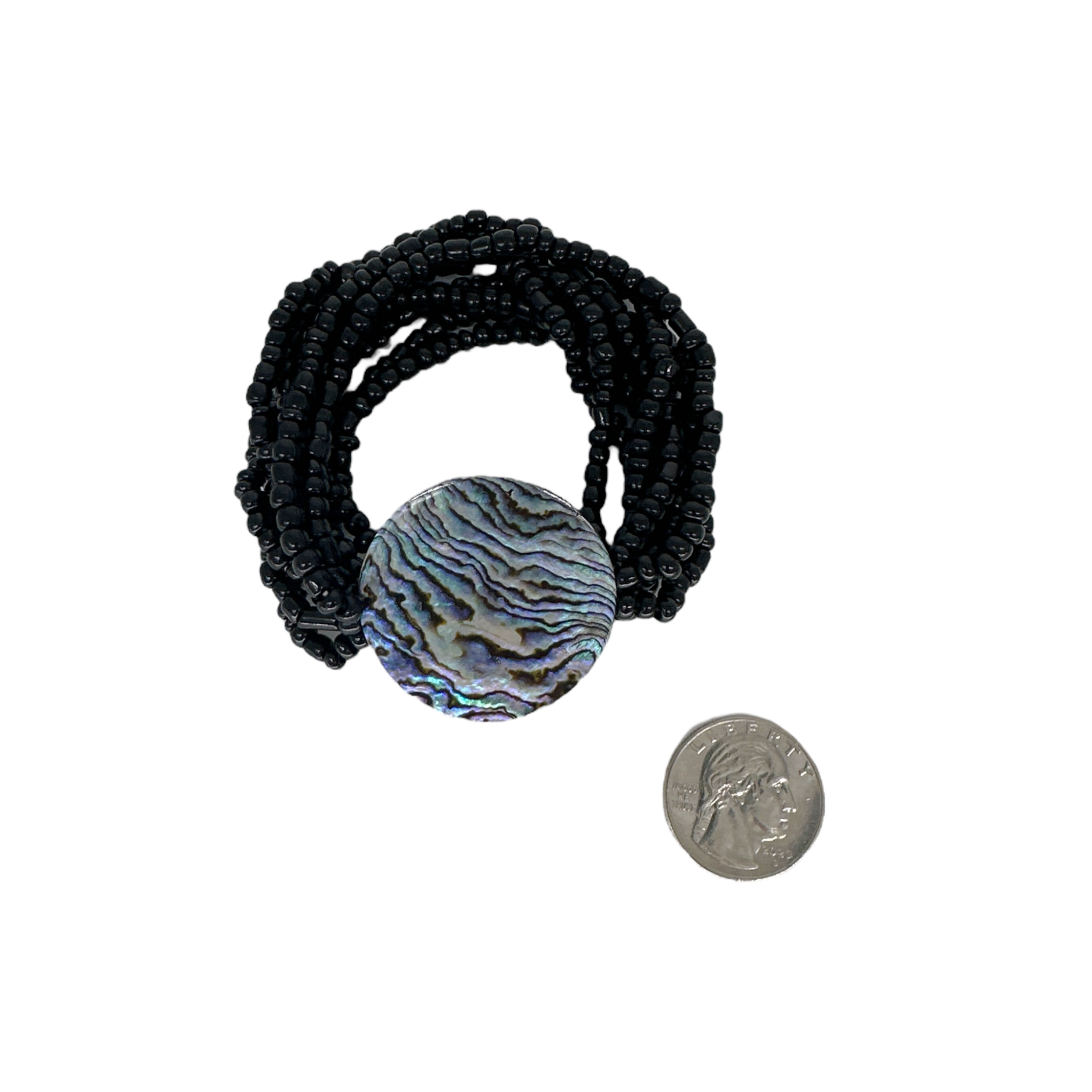 B204 Island Shell Bracelet Paua Shell Disc with Black Beads Stretch Bracelet
