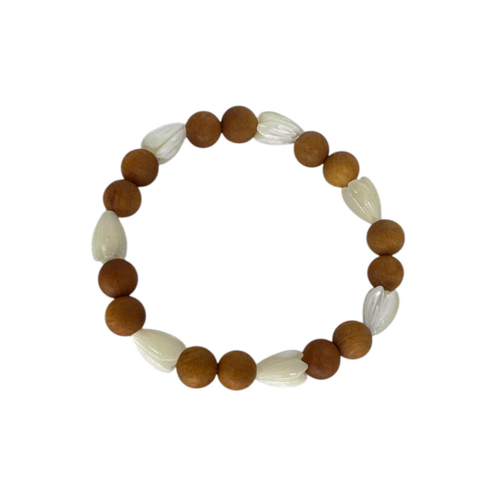 2-to-1 8mm Sandalwood and MOP 8x10mm Pikake Bead Stretch Bracelet
