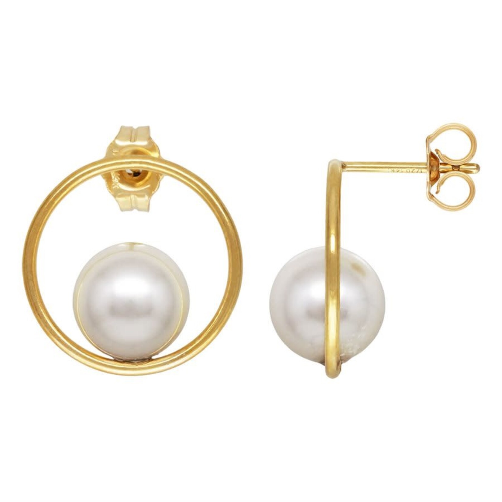 SE616 8mm White Crystal Simulated Pearl Gold Fill Circle Post Earrings White