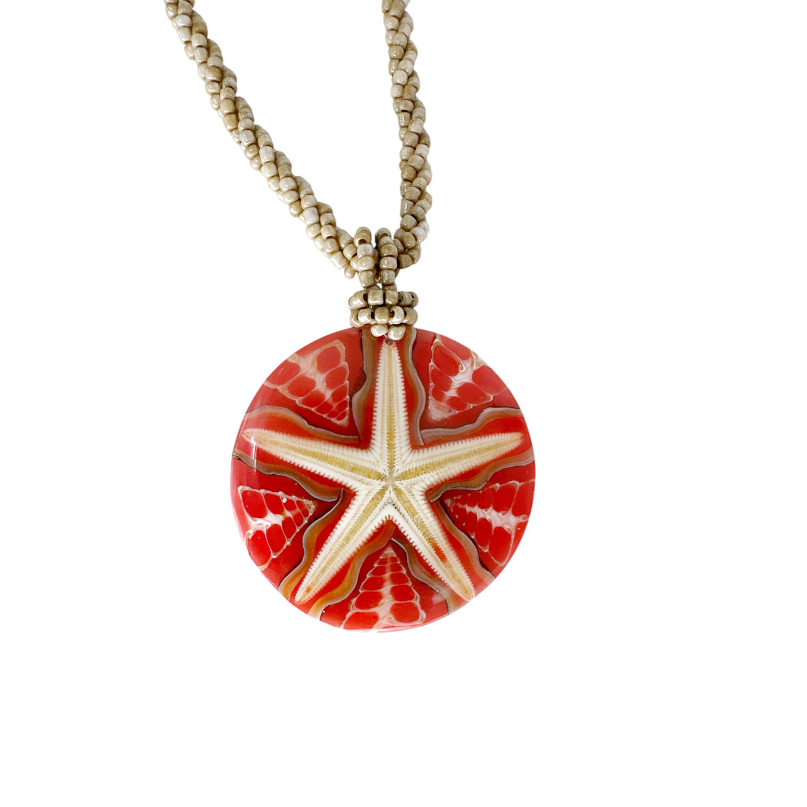 N162 Island Shell Necklace Starfish Pink Resin Starfish with Tan Beads
