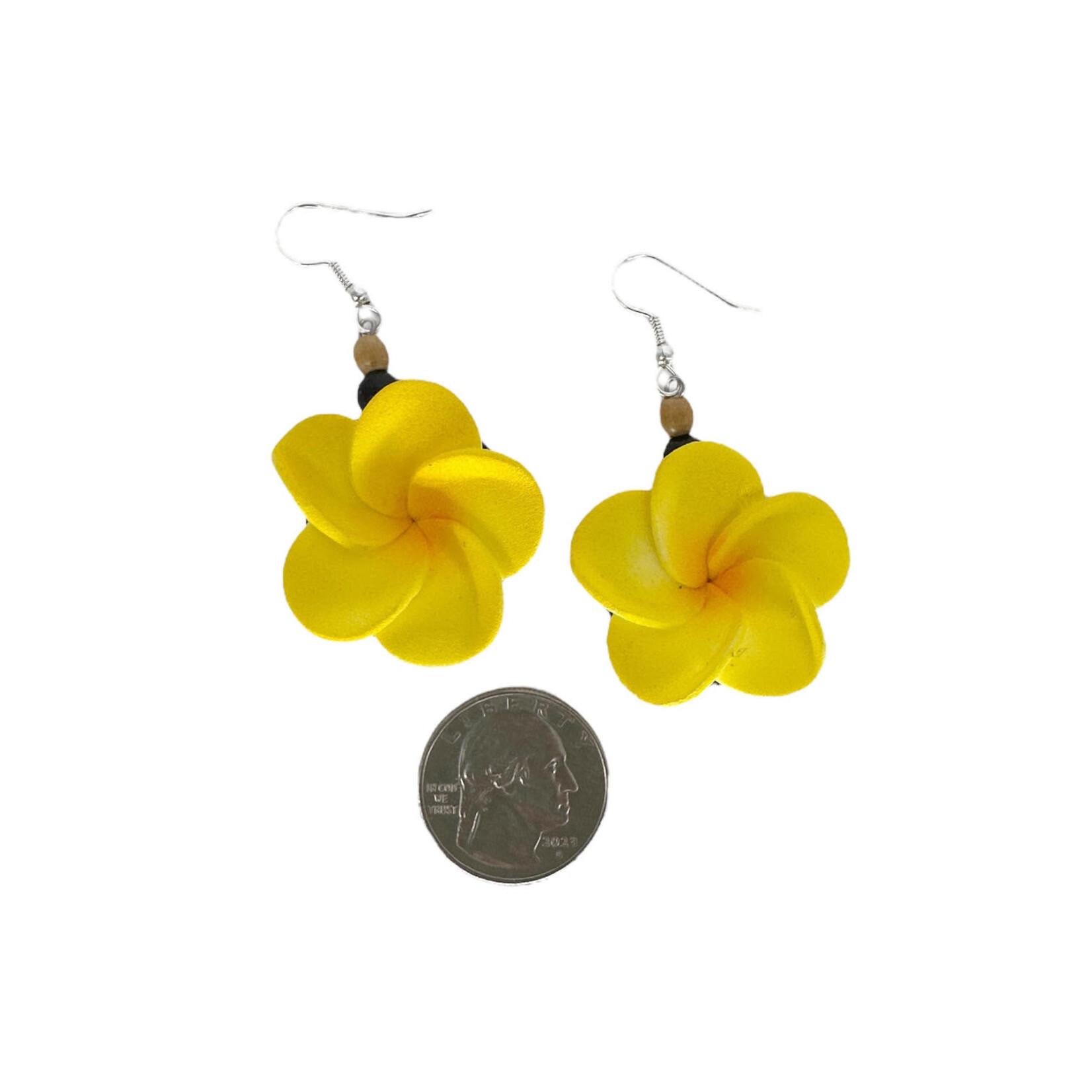 Foam Plumeria on Wood Disc Dangle Earrings Yellow