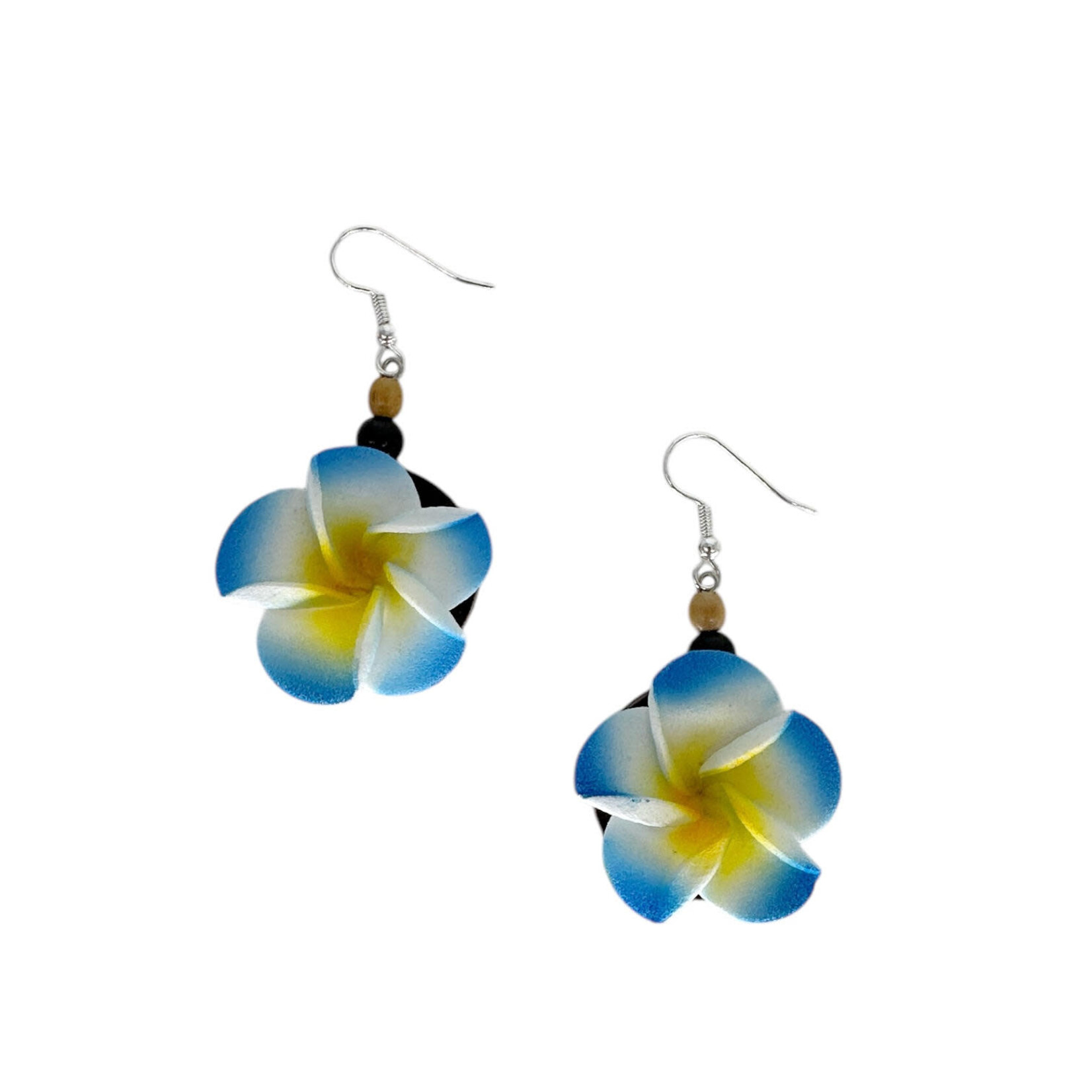 Foam Plumeria on Wood Disc Dangle Earrings Blue