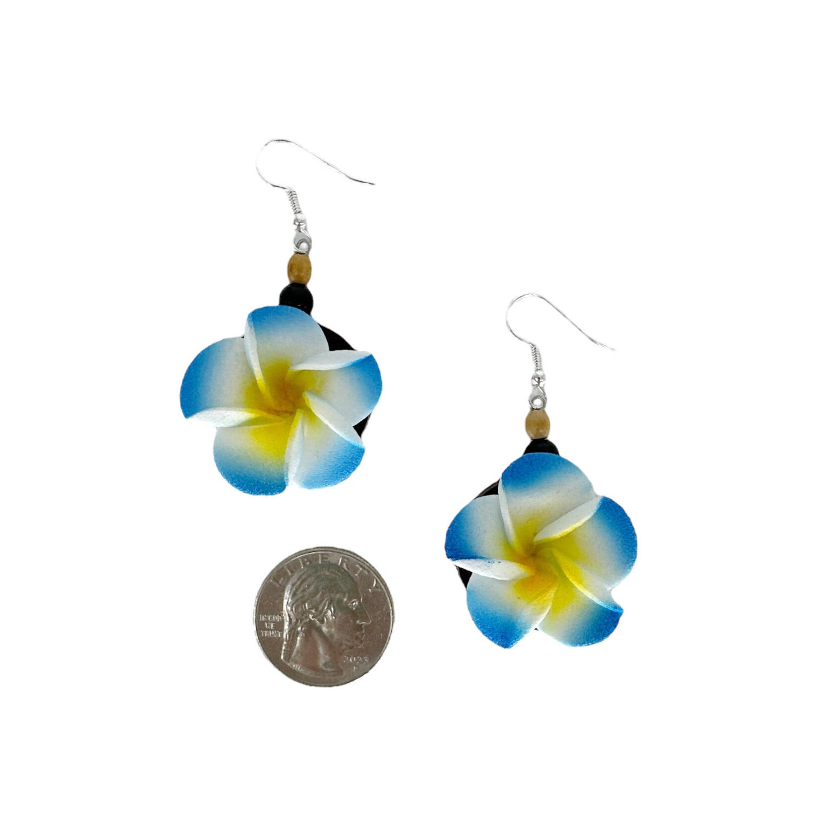 Foam Plumeria on Wood Disc Dangle Earrings Blue