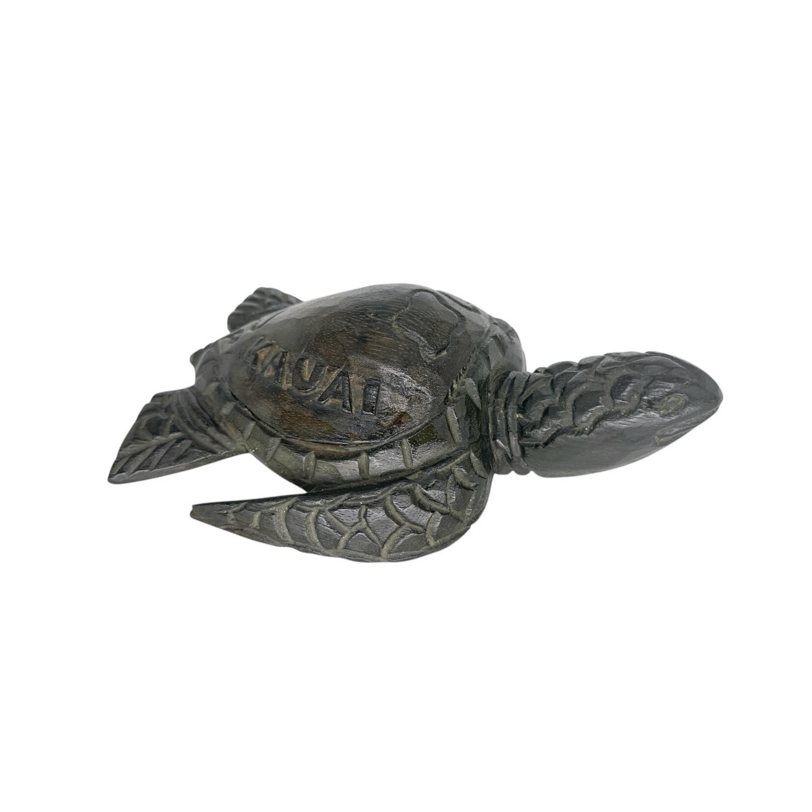 Hand Carved Green Albesia Kauai Turtle with Island Chain