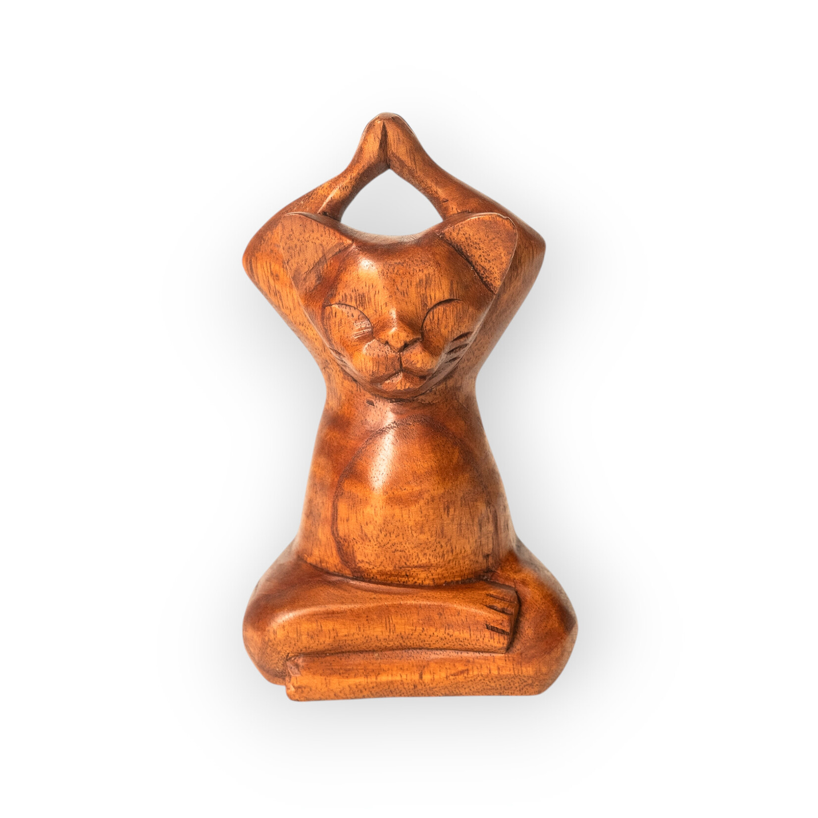 Hand Carved Monkeypod Yoga Cat Seated Mountain Pose Large