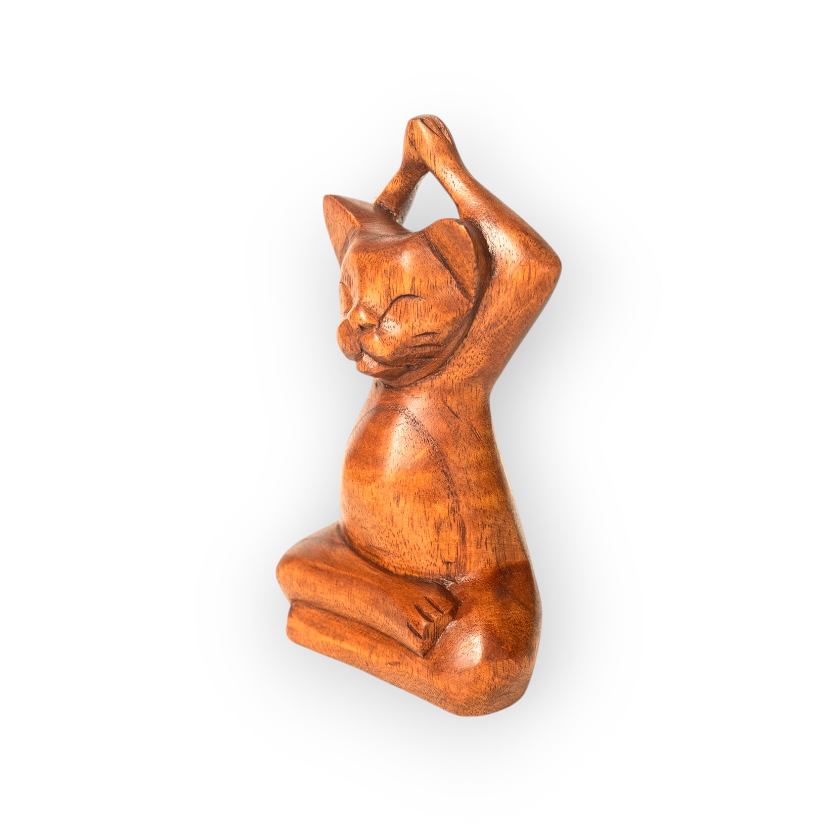 Hand Carved Monkeypod Yoga Cat Seated Mountain Pose Large