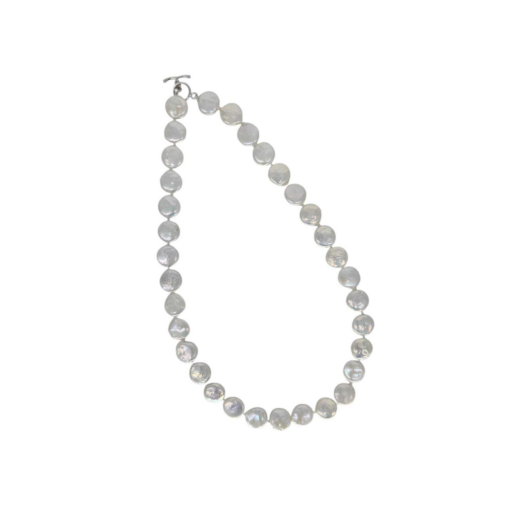 14-15mm 22" Coin Pearl Necklace with Sterling Silver Toggle Clasp  White