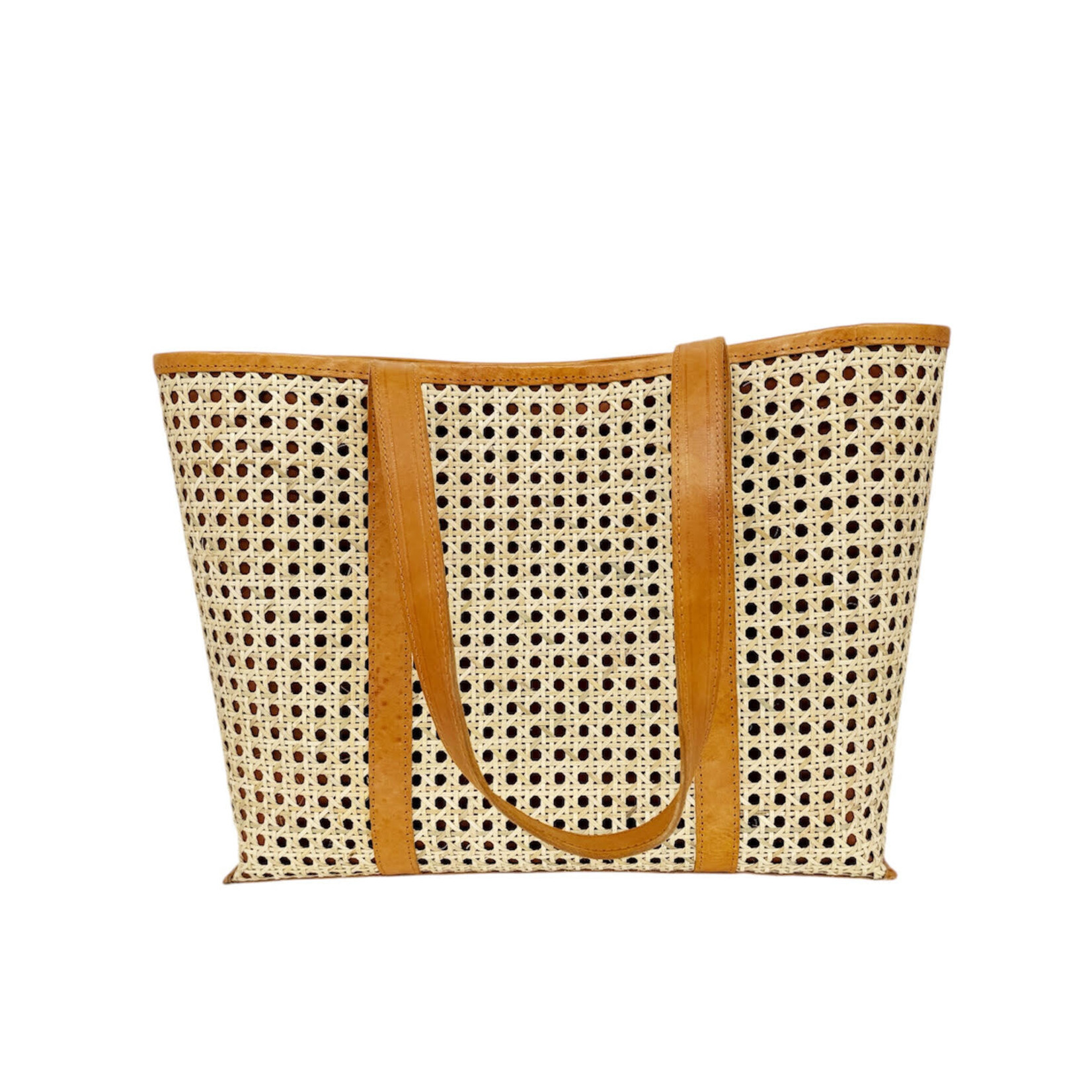 Hand Woven Cane Rattan Bag with Leather Trim  Lined 'Anahulu