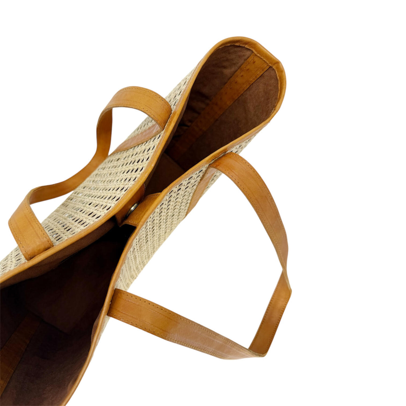 Hand Woven Cane Rattan Bag with Leather Trim  Lined 'Anahulu