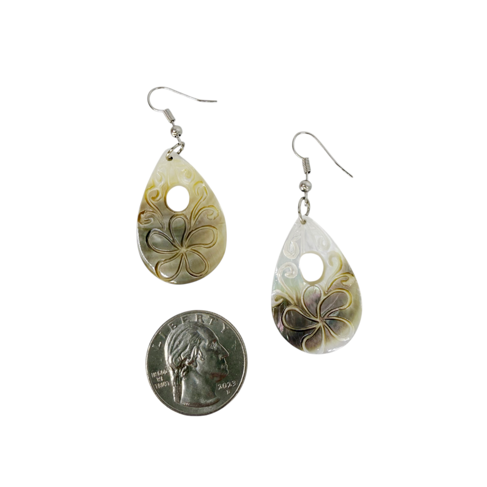 EB37 Island Shell Earrings Carved Plumeria Raindrop