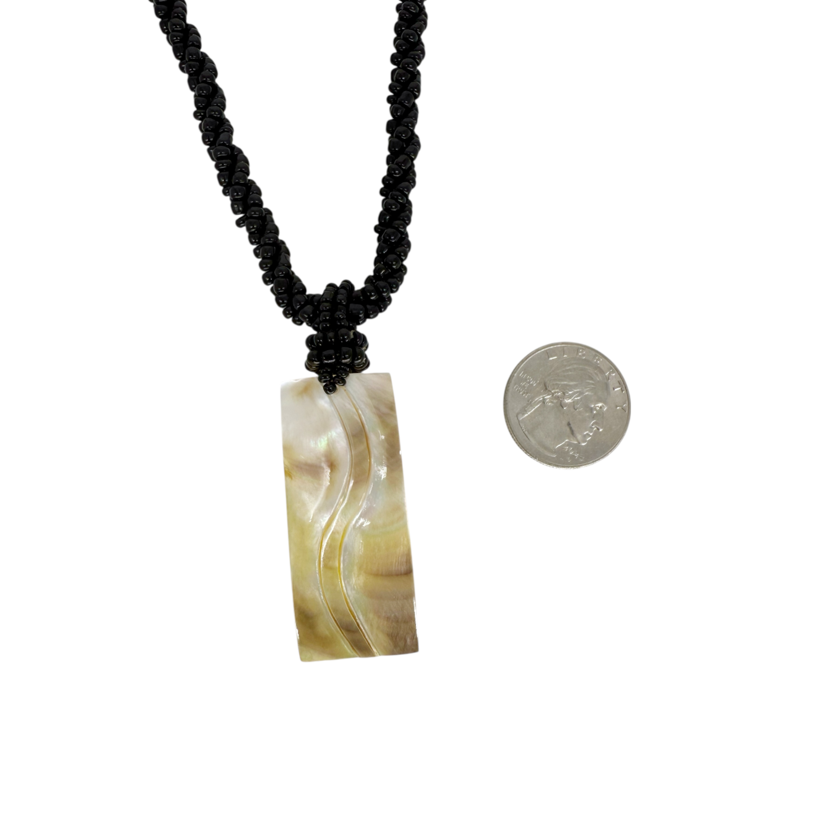 N175 Island Shell Necklace Carved Wave Rectangle with Black Beads