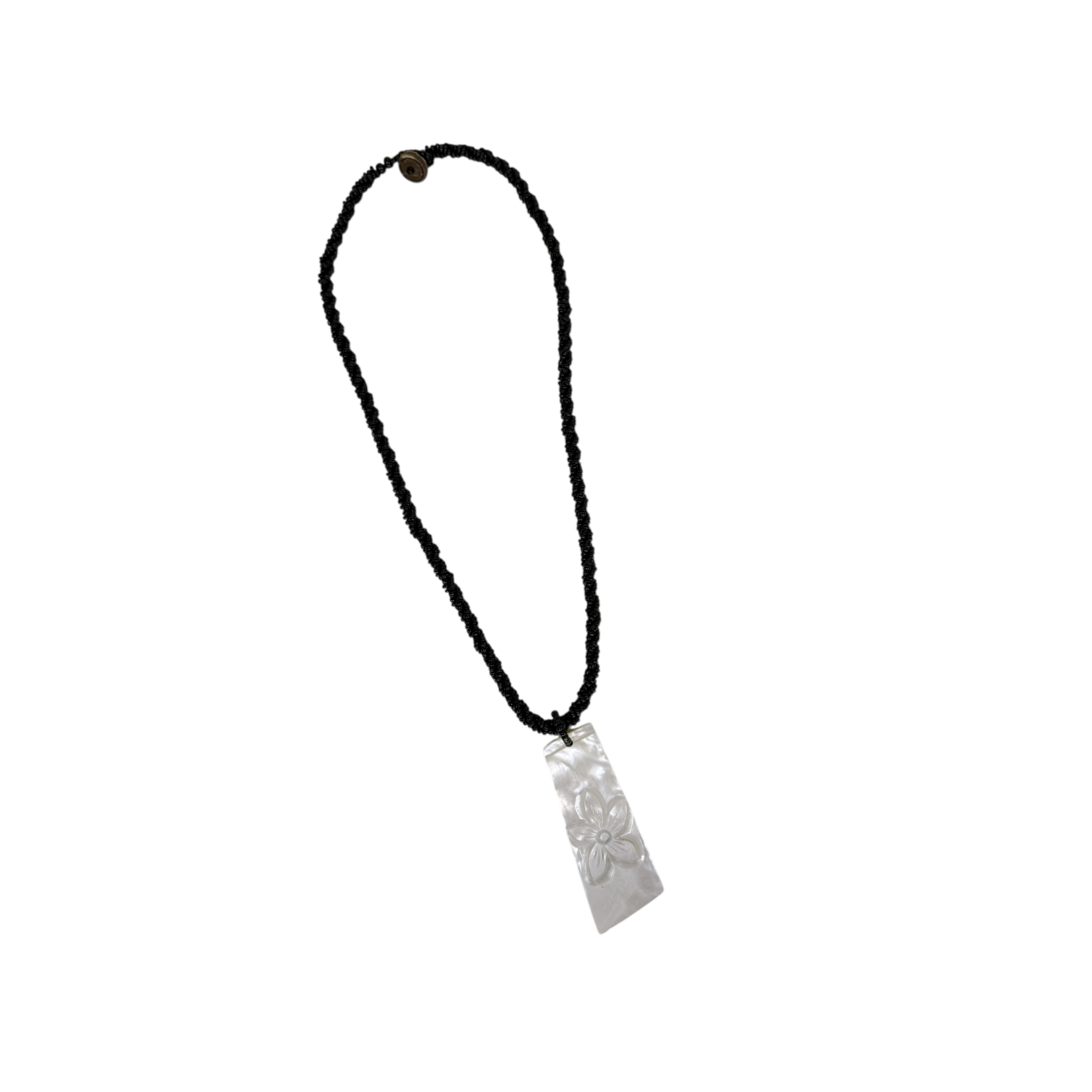 N176 Island Shell Necklace Carved Flower Rectangle with Black Beads