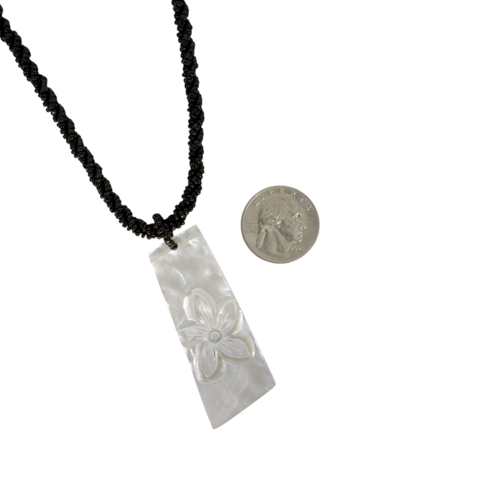 N176 Island Shell Necklace Carved Flower Rectangle with Black Beads