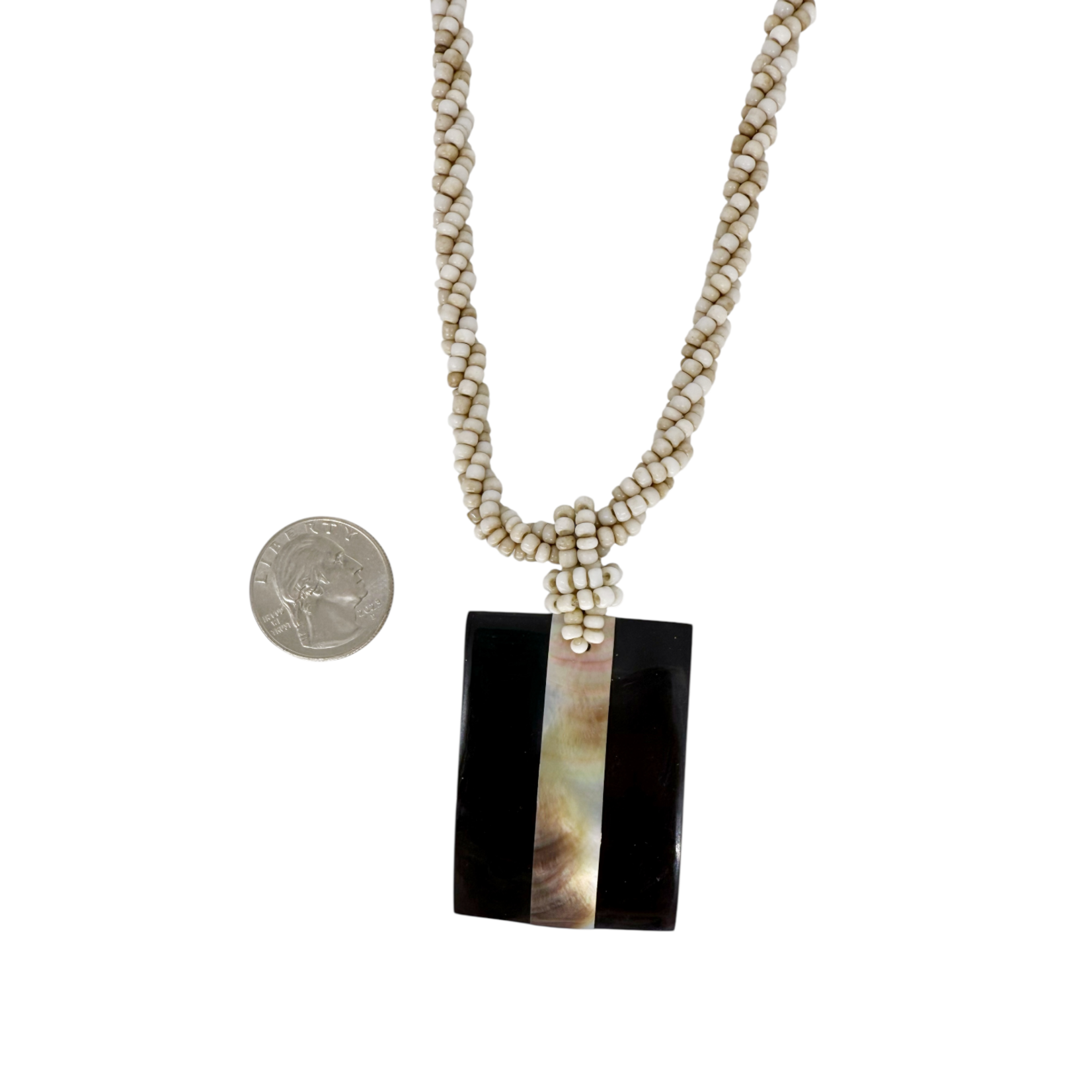 N178 Island Shell Necklace Black Rectangle Gold Shell Stripe with Cream Beads
