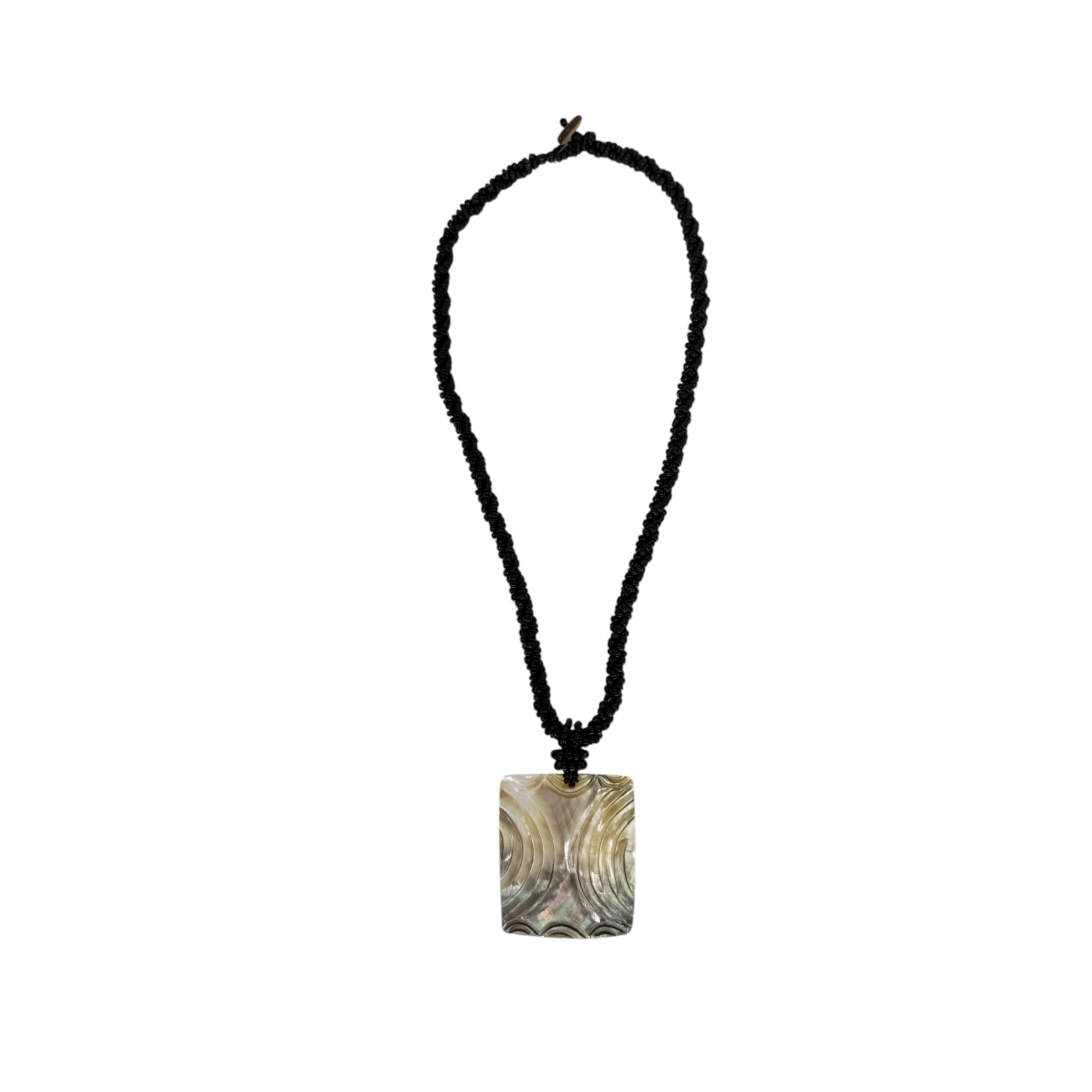 N232 Island Shell Necklace Carved Grey Shell Rectangle with Black Beads