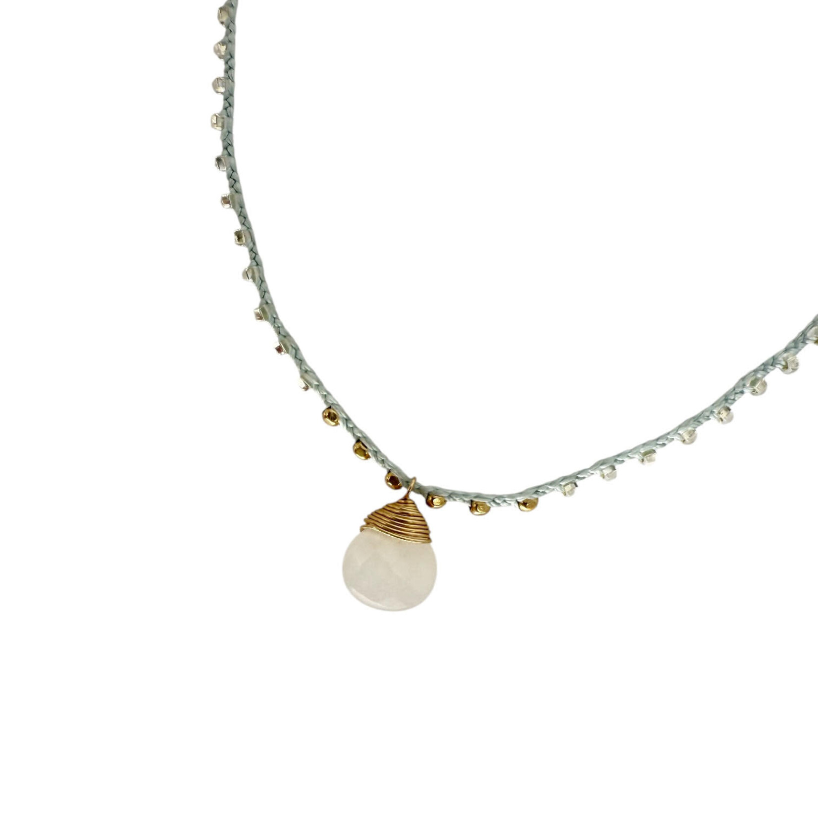 Briolette Moonstone Pendant Necklace on Aqua Braided Silk Thread
