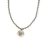 White Coin Pearl Pendant on Grey Braided Silk Necklace with Gold Fill Accents