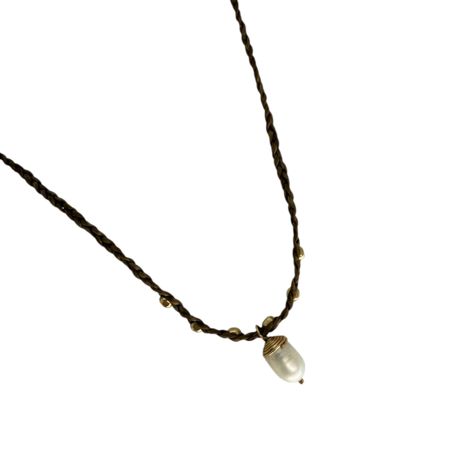 White Rice Pearl Pendant on Brown Braided Silk Necklace with Gold Fill Accents