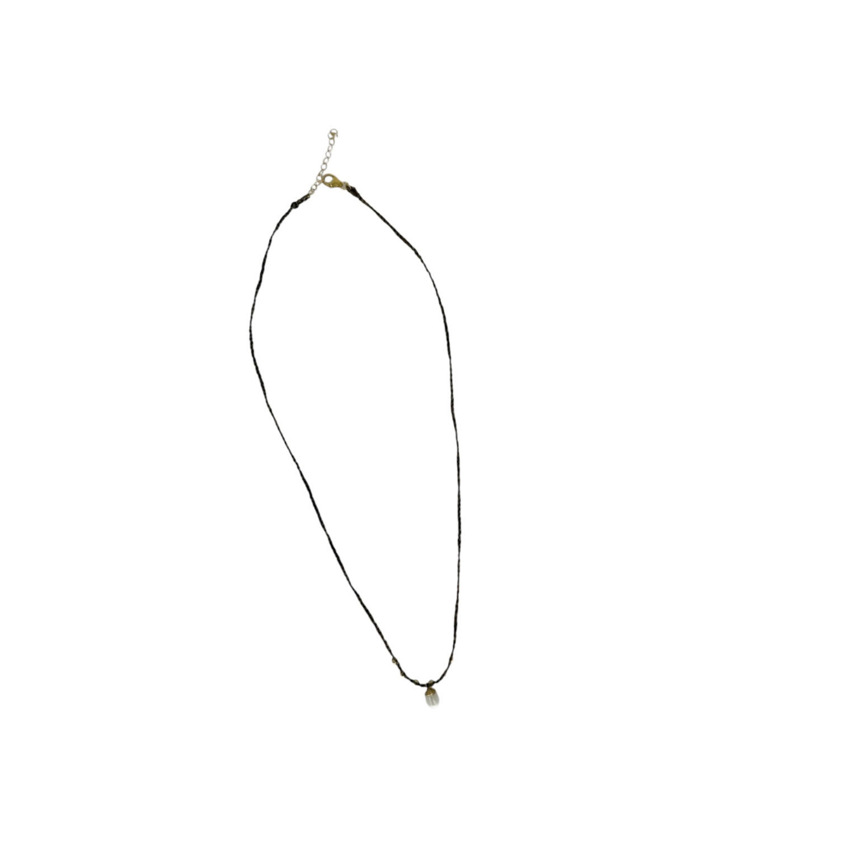 White Rice Pearl Pendant on Brown Braided Silk Necklace with Gold Fill Accents