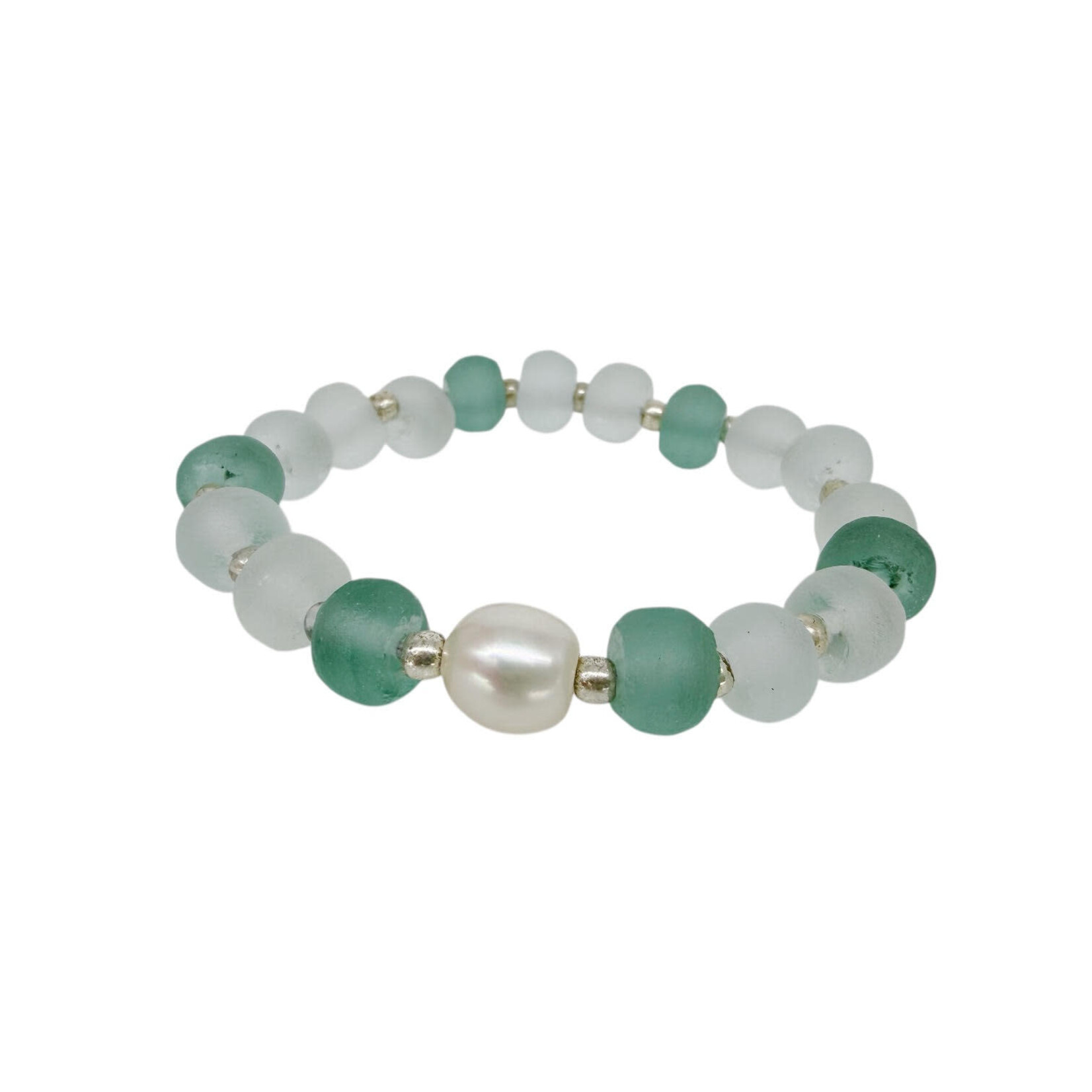 BGL8 Beach Glass Bracelet with Single Pearl Seafoam
