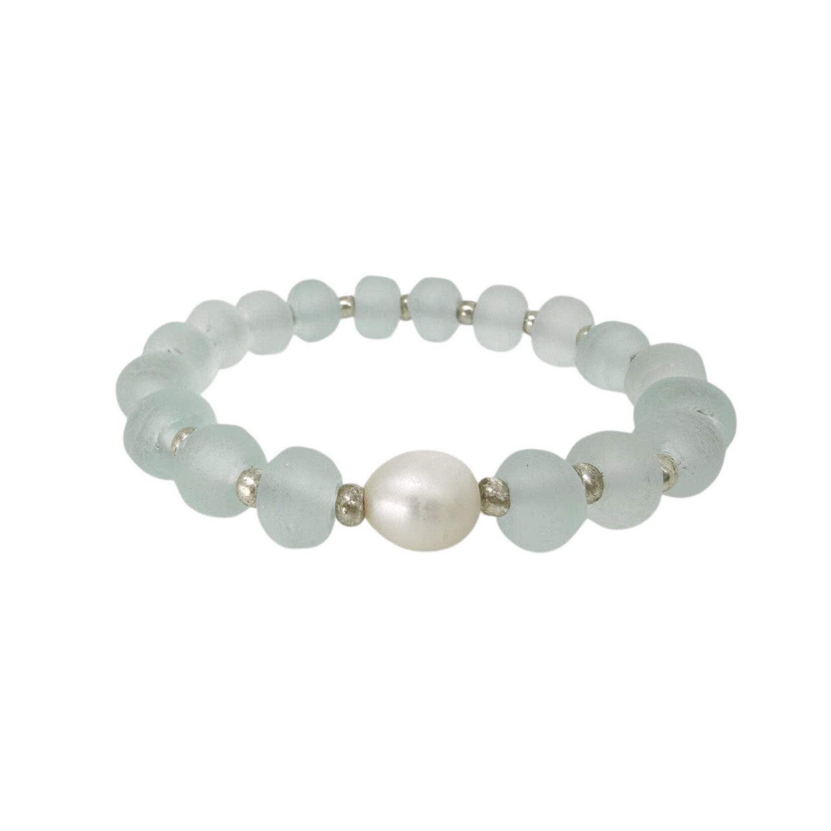 BGL53 Beach Glass Stretch Bracelet with Single Pearl White