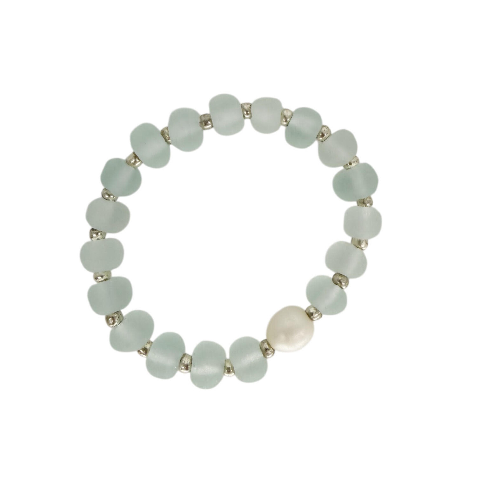 BGL53 Beach Glass Stretch Bracelet with Single Pearl White