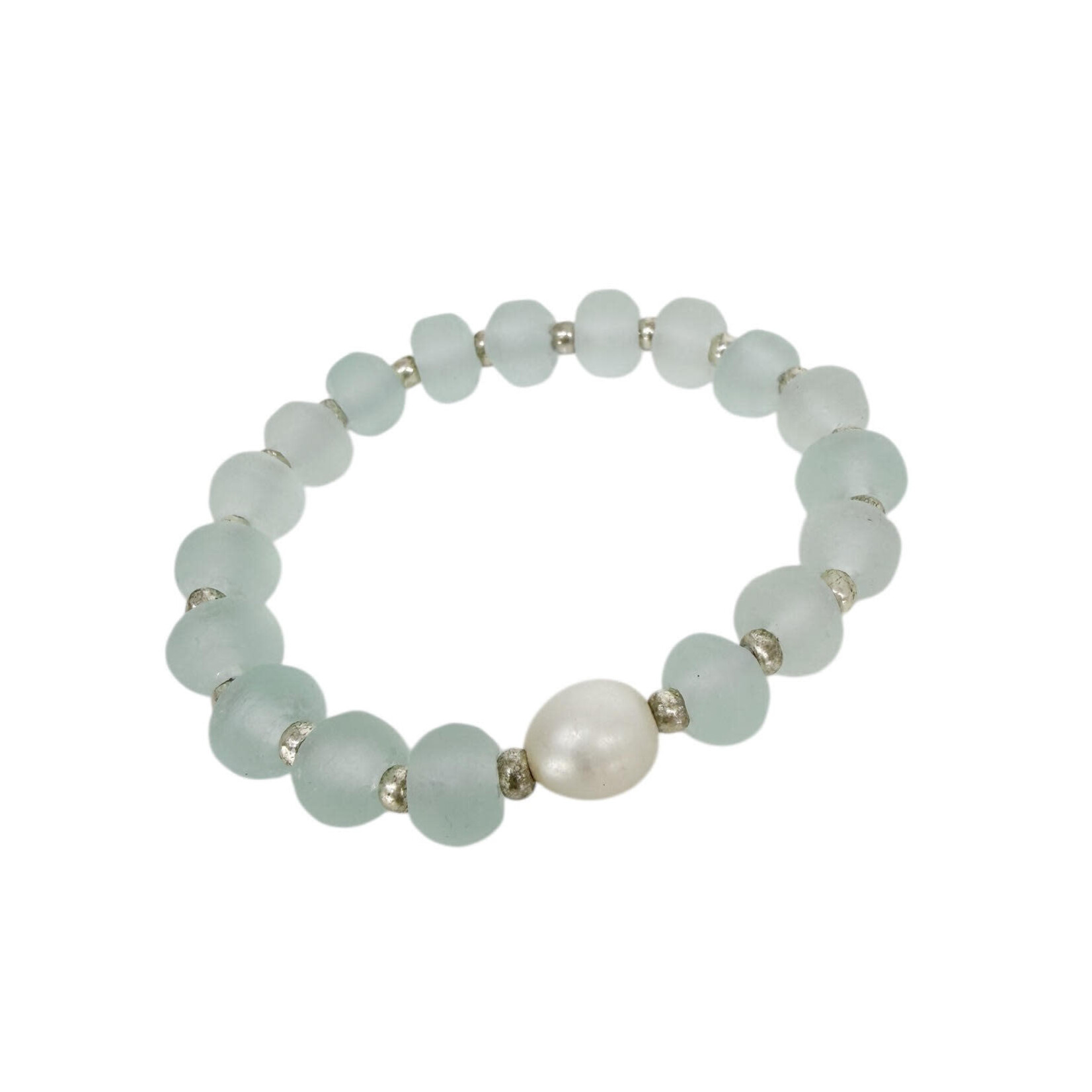 BGL53 Beach Glass Stretch Bracelet with Single Pearl White