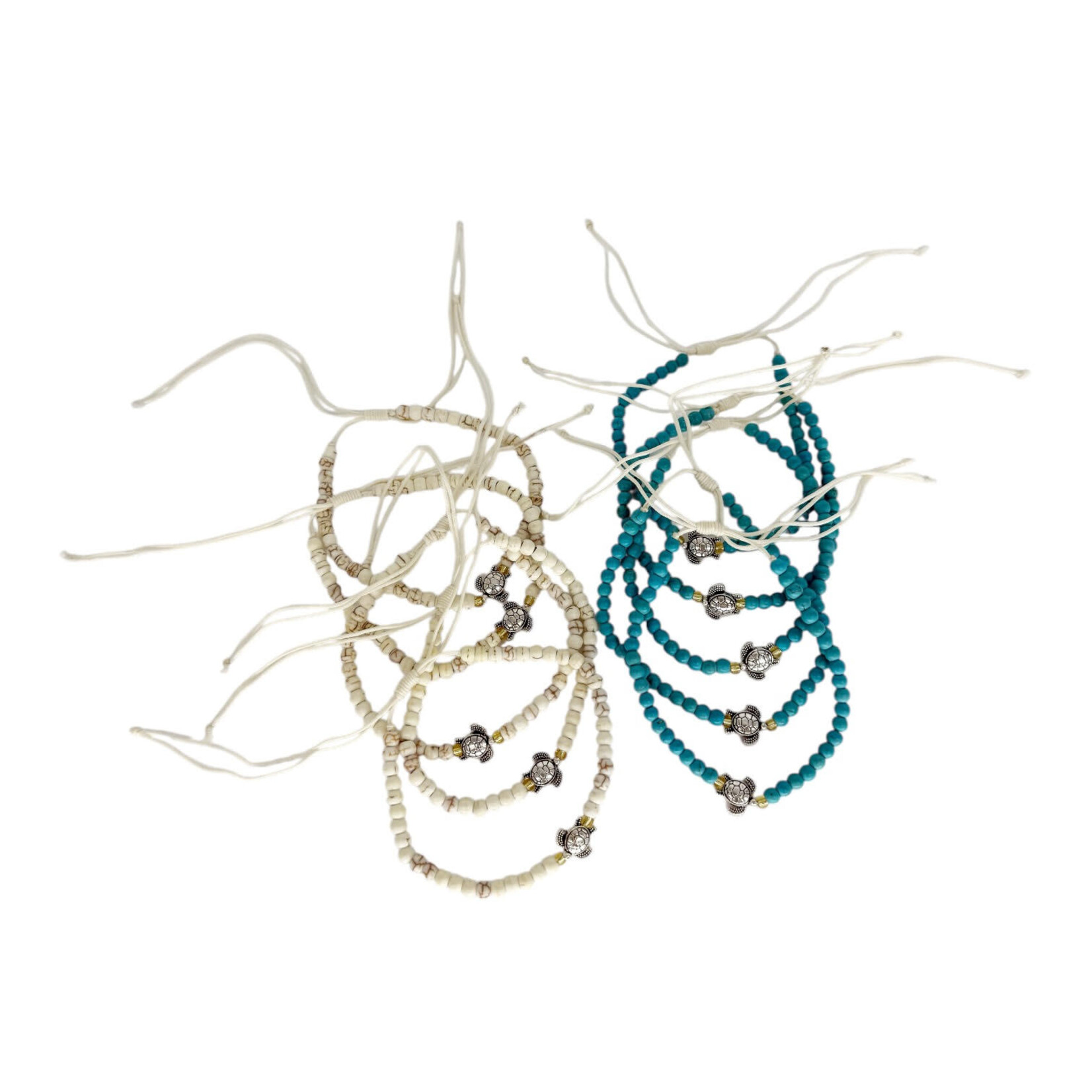 Hand Made Turtle Bead Adjustable Bracelet Cream and Turquoise Pack of 10