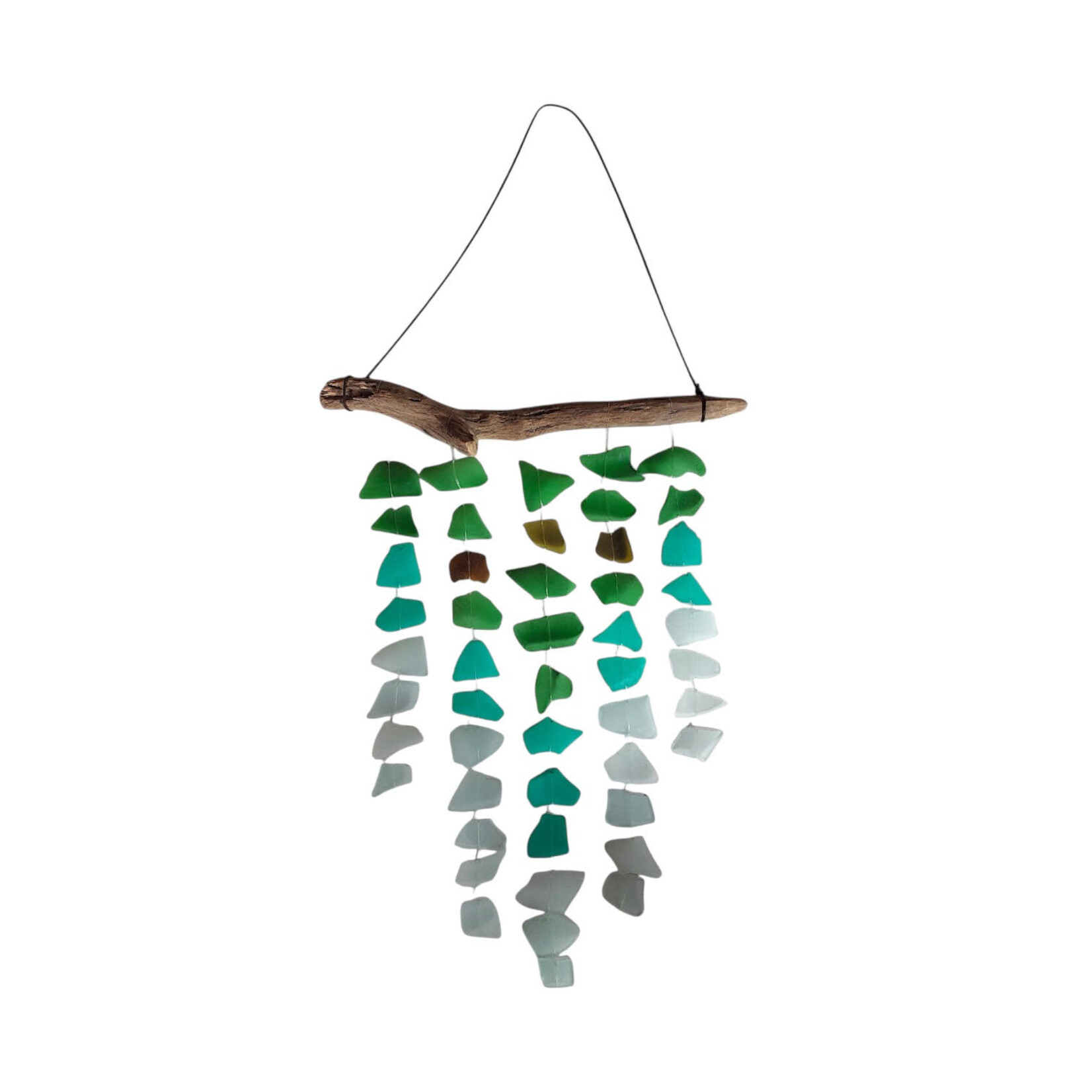 Hand Made 5 Line Beach Glass and Driftwood Sun Catcher Wind Chime Large Green