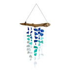 Hand Made 5 Line Beach Glass and Driftwood Sun Catcher Wind Chime Large Blue