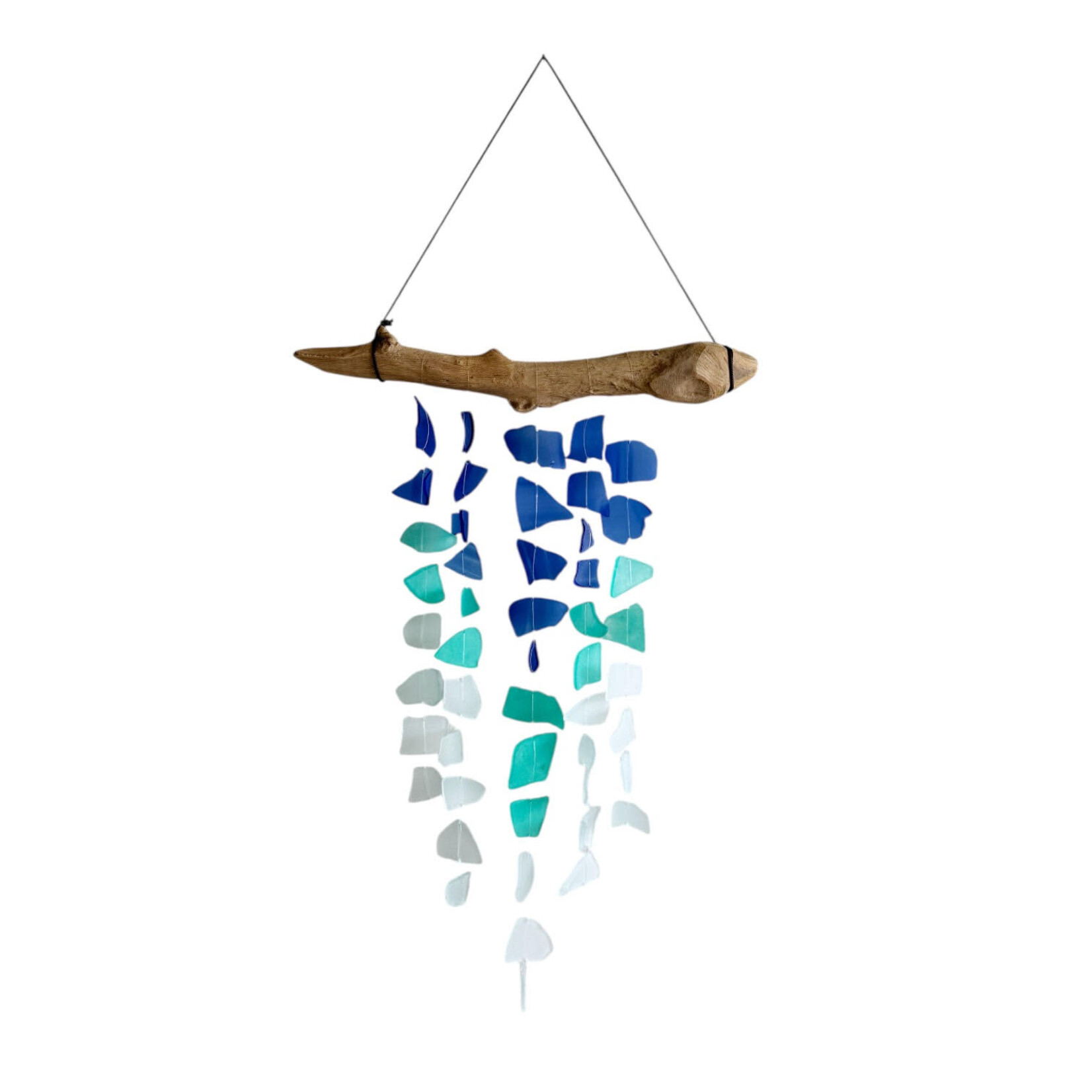 Hand Made 5 Line Beach Glass and Driftwood Sun Catcher Wind Chime Large Blue