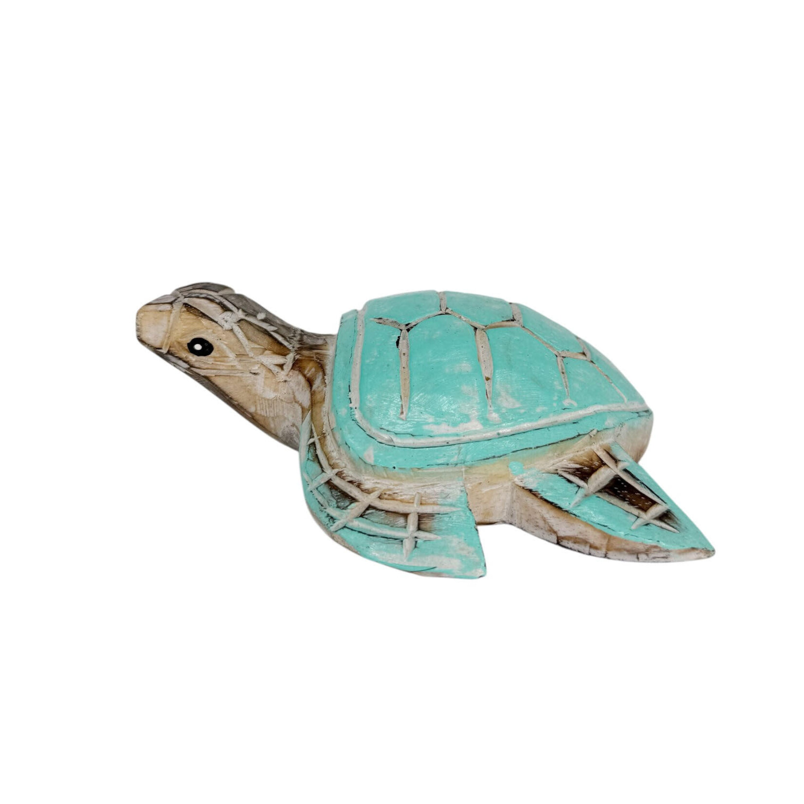 Hand Carved Whitewash Aqua Turtle Large