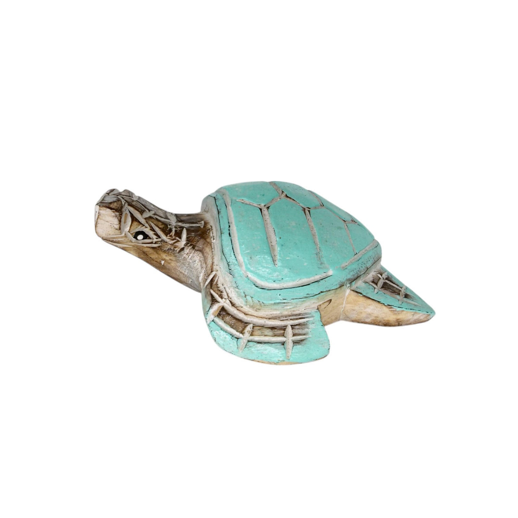 Hand Carved Whitewash Aqua Turtle Small