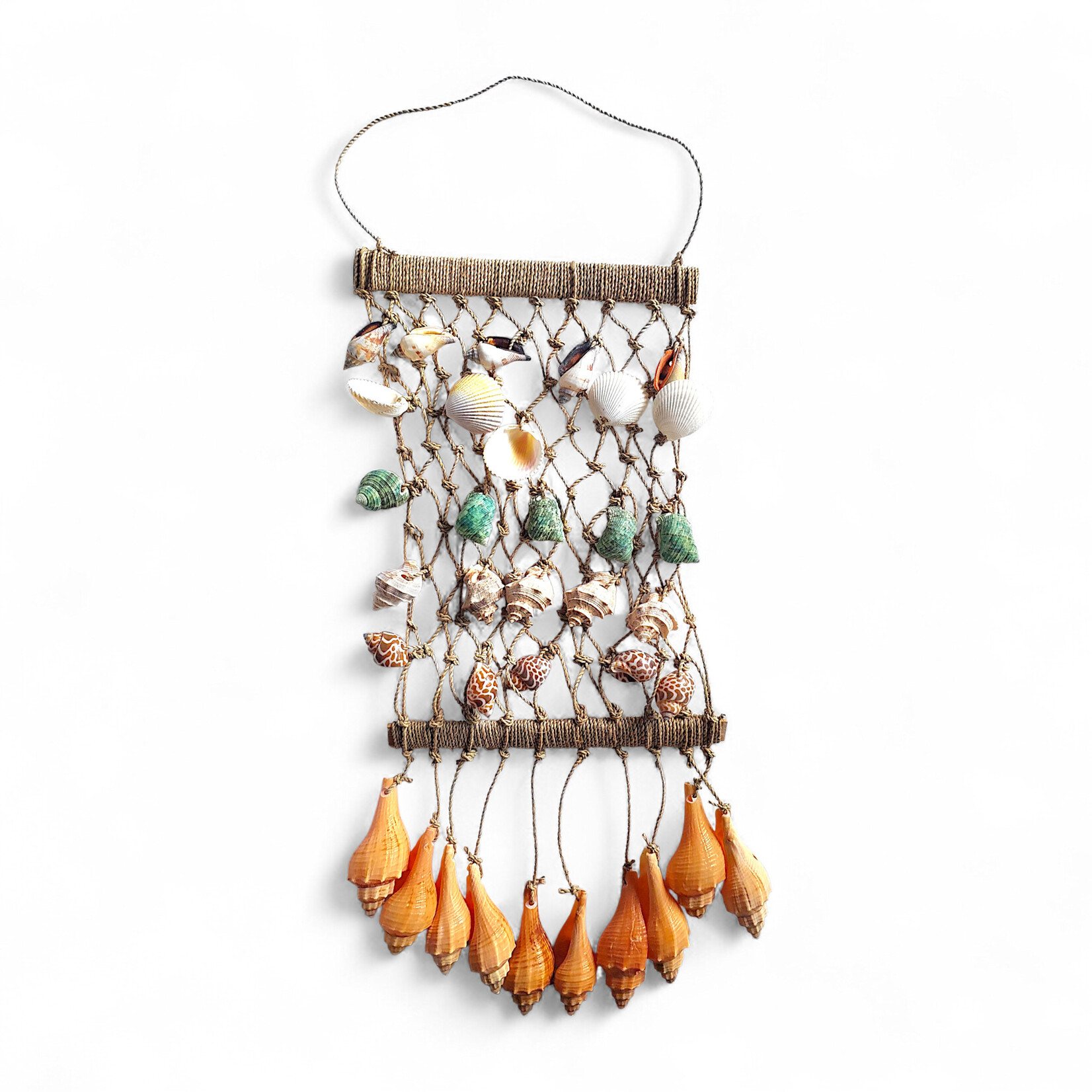 Hanging Albesia Driftwood, Jute Net, and Seashells 1