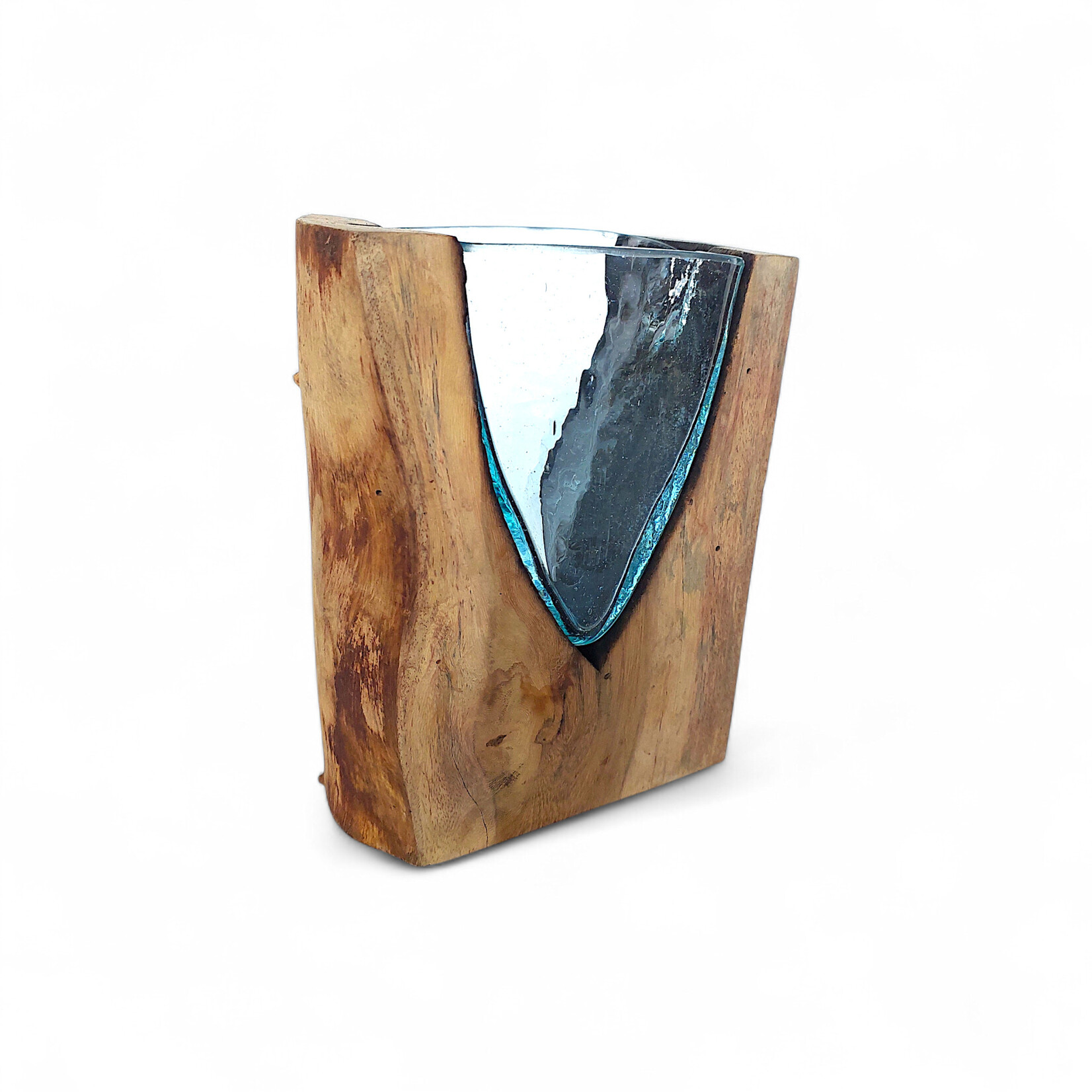 20cm ST1 Hand Made Recycled Glass and Teak Wood V-Vase