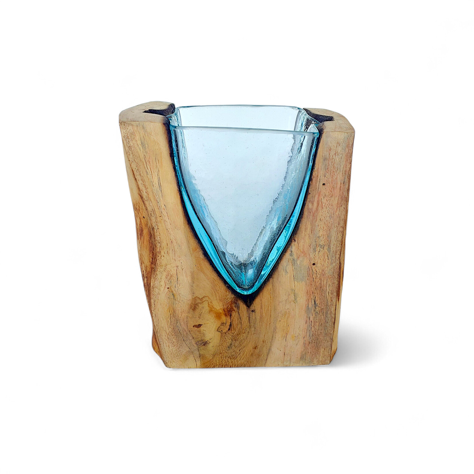 20cm ST1 Hand Made Recycled Glass and Teak Wood V-Vase