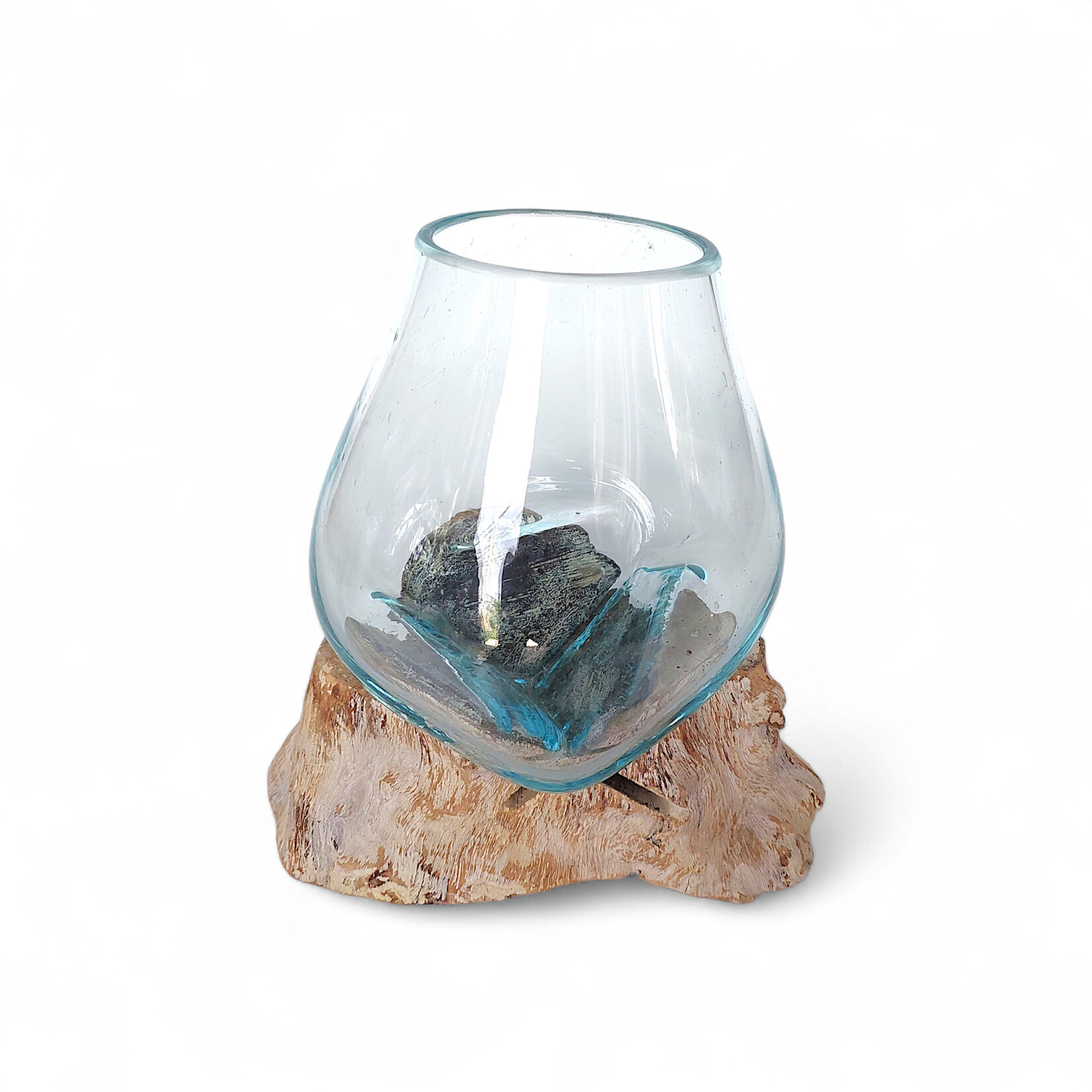 20cm ST4 Hand Made Recycled Glass Whitewash Teak Wood Vase