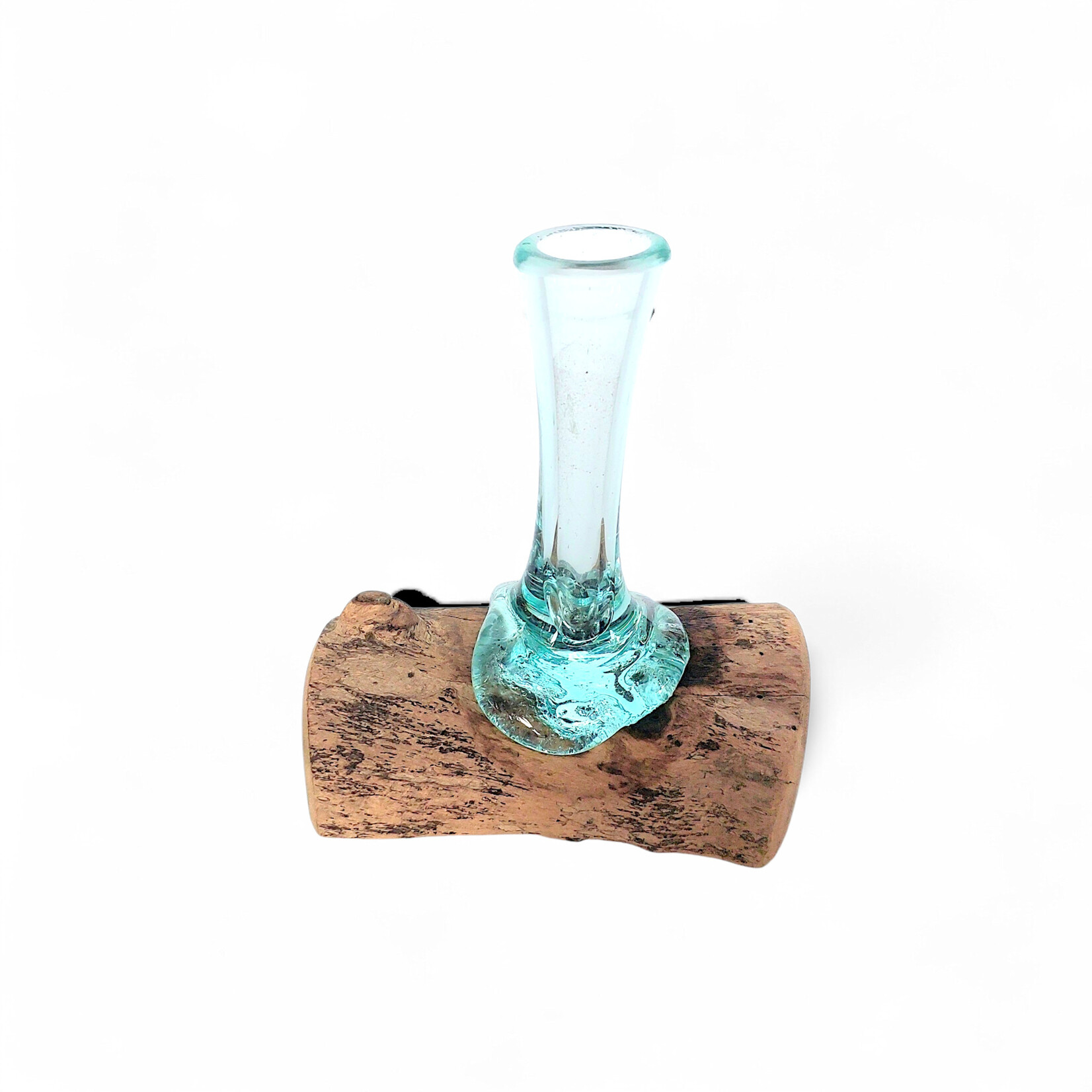 15cm ST7 Hand Made Recycled  Glass  Teak Wood Bud Vase