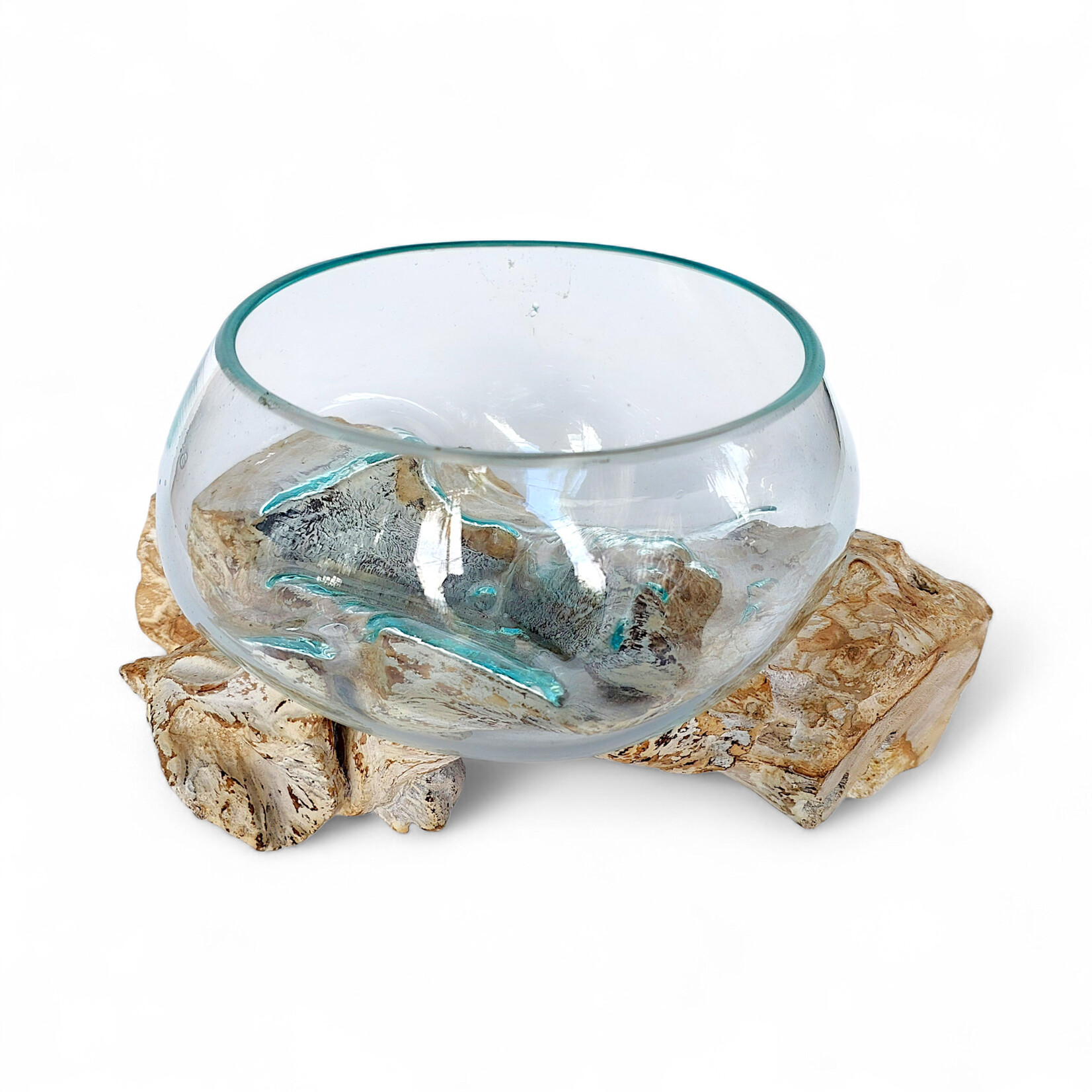 10cm ST10 Hand Made Recycled  Glass  Whitewash Teak Wood Bowl