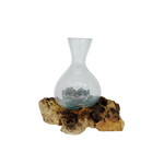 18cm ST12 Hand Made Recycled  Glass Teak Wood Vase