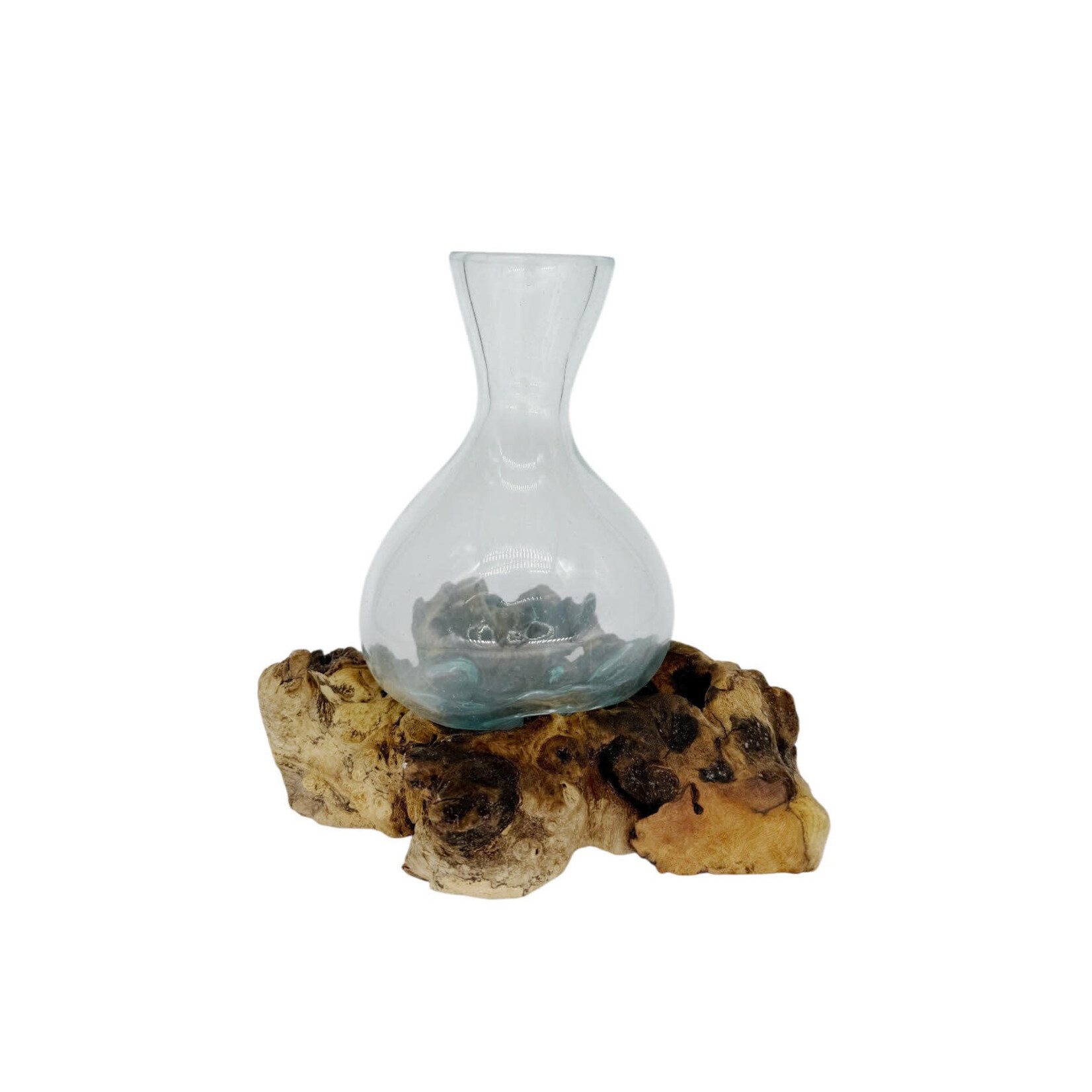 18cm ST12 Hand Made Recycled  Glass Teak Wood Vase