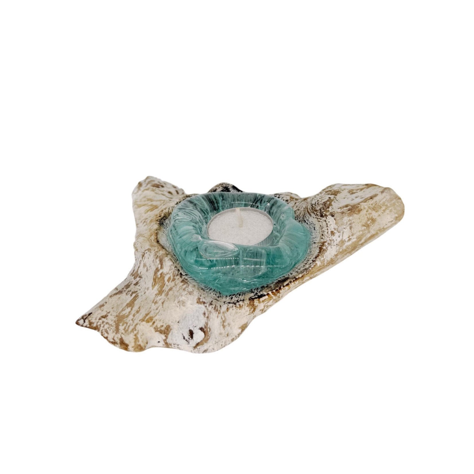 ST14 Hand Made Whitewash Teak and Recycled Glass Candle Tea Light Holder