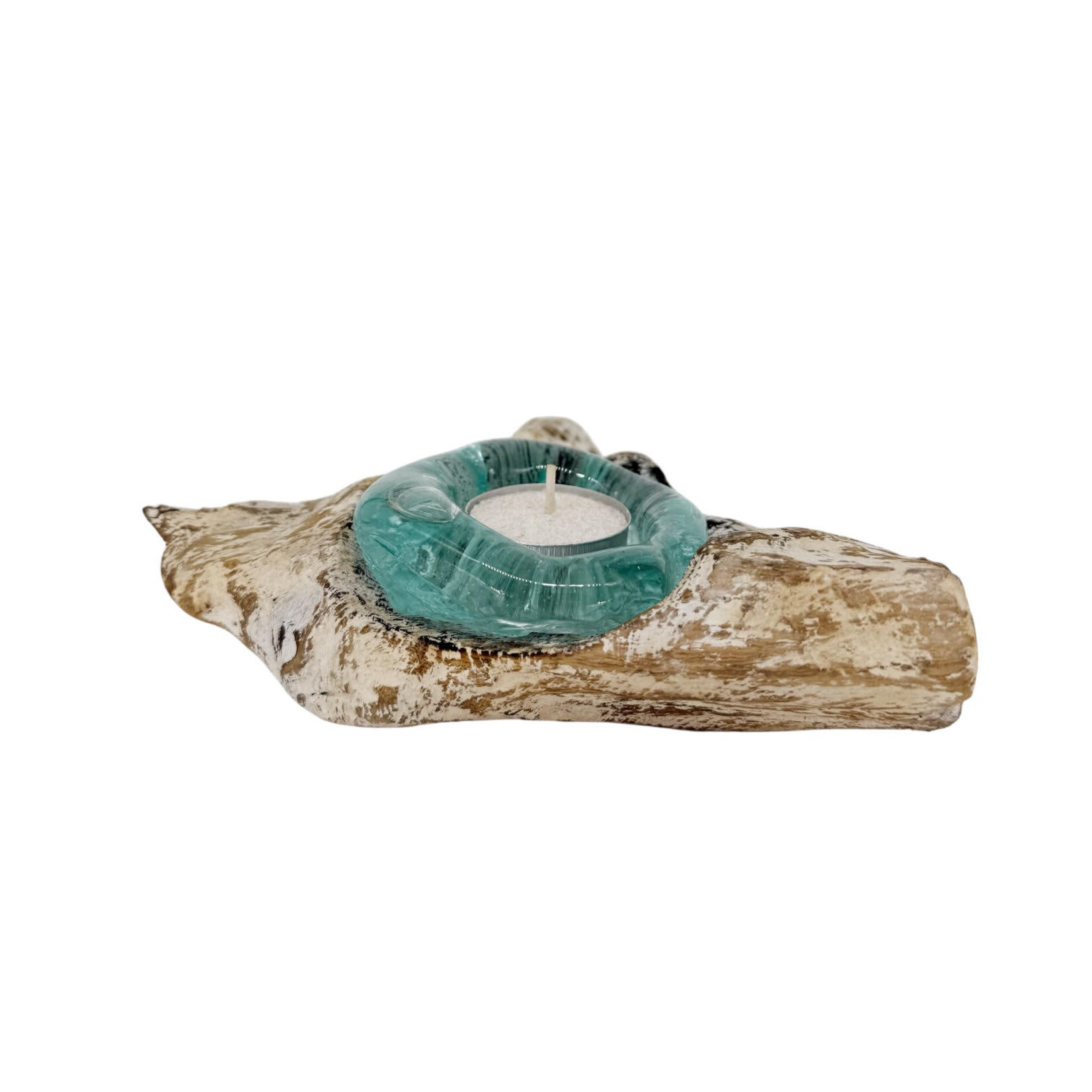ST14 Hand Made Whitewash Teak and Recycled Glass Candle Tea Light Holder